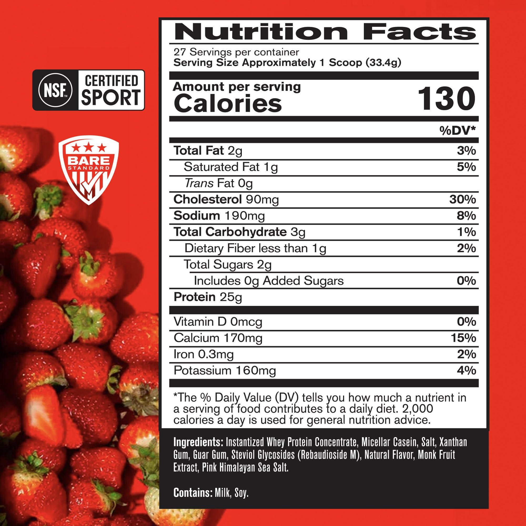 BARE PERFORMANCE NUTRITION BARE PERFORMANCE NUTRITION, BPN Whey Protein + Casein Protein Powder Blend, Strawberry, 25g Protein per Serving Supports Lean Muscle Recovery, 27 Servings, Third Party Tested