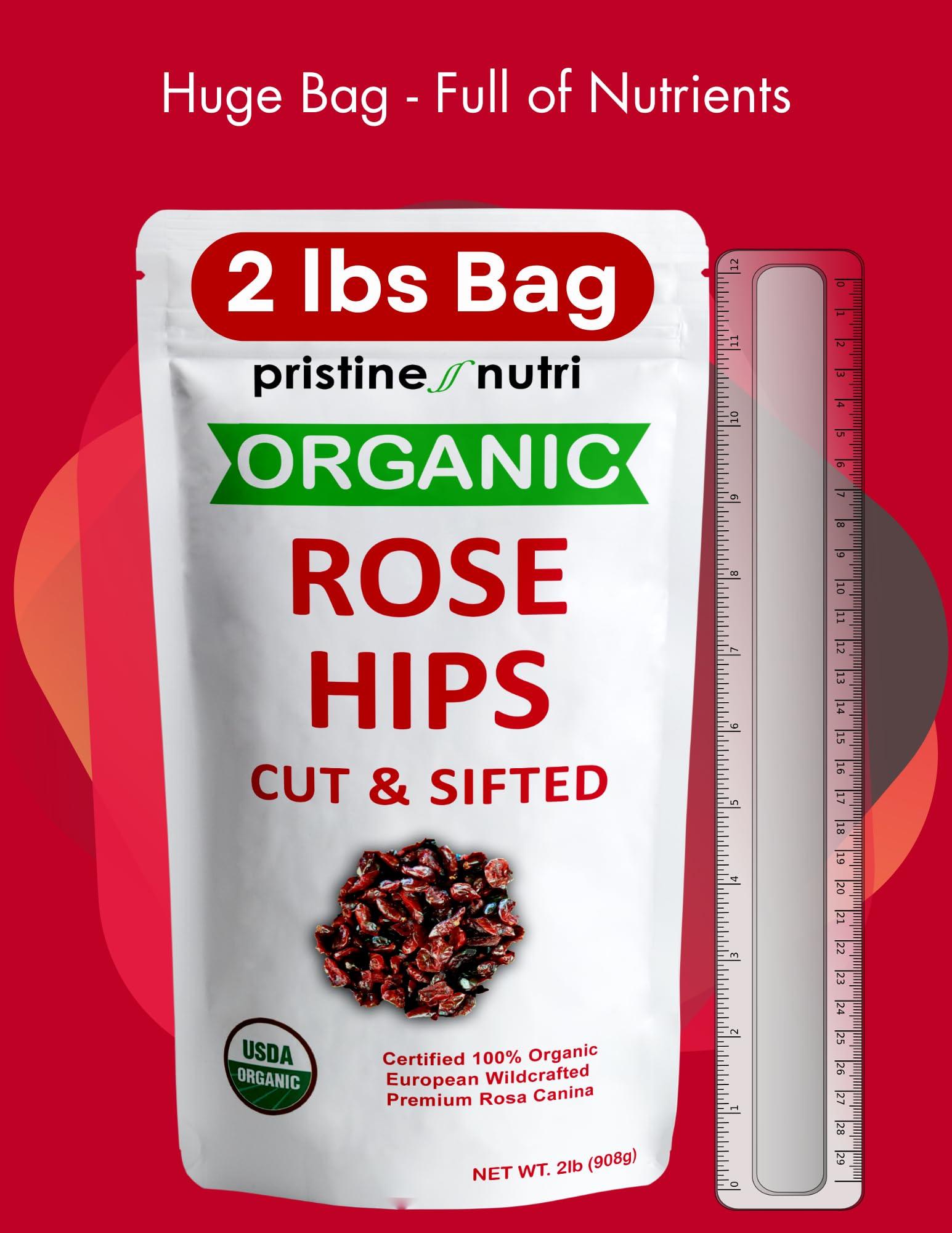 pristine nutri 2 lb (32 oz) Rose Hips Dried Organic Bulk, Organic Rosehips Cut & Sifted, 95% Seedless, European All Natural, Rosehips Dried Organic Bulk, Makes 140 Cups of Vitamin C Rich Tea (packaging may vary)