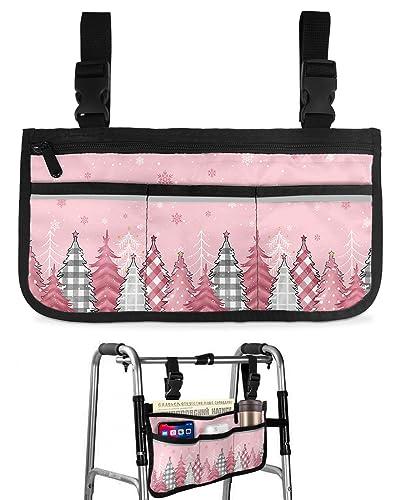Sabolny Blush Pink,Wheelchair Side Bag, Wheelchair Walker Armrest Bags with Cup Holder & Reflective Stripes, Mobility Scooter Walker Rollator Wheelchair Accessories Christmas Pine Tree Lattice Dots