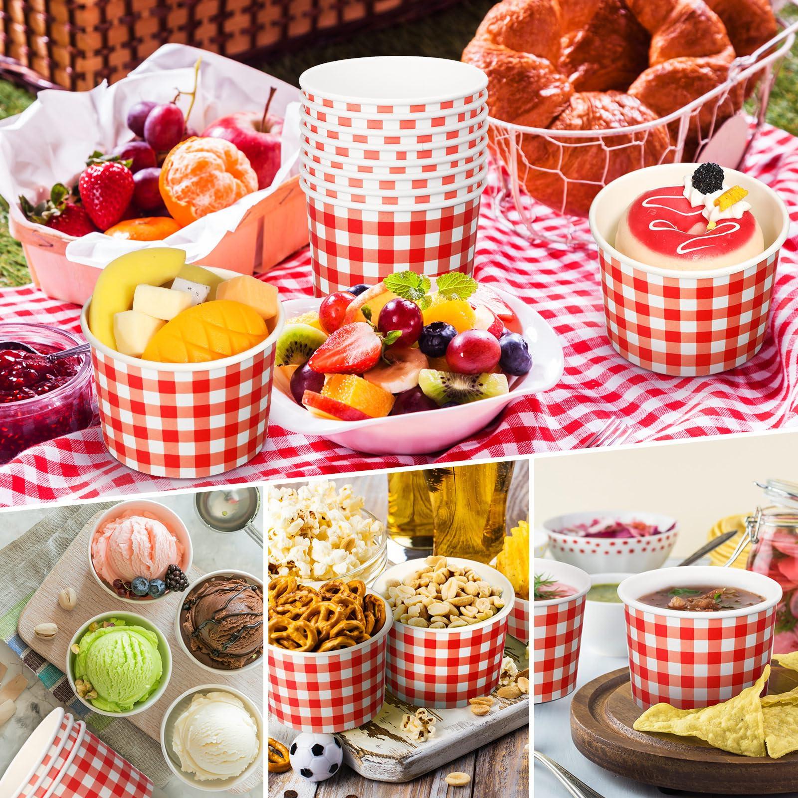 Sieral Sieral 9 Oz Ice Cream Cups Paper Bowls Disposable Gingham Cups Bulk Picnic Dessert Bowl Buffalo Plaid Snack Paper Cup Checkered Paper Party Cup for Hot or Cold Food(Red, 50 Pack)