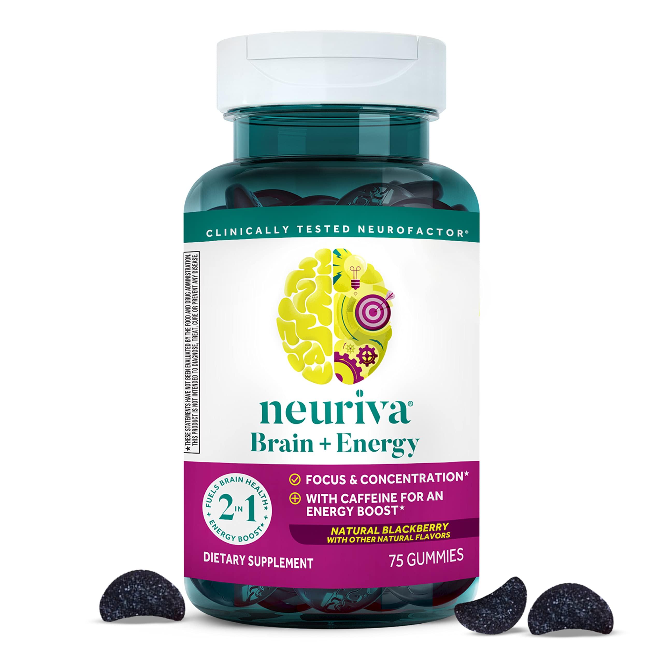 NEURIVA NEURIVA Brain + Energy Gummies, Nootropic Brain Supplements for Focus and Concentration with Neurofactor, Vitamin B12 & Caffeine for an Energy Boost*, 75ct Natural BlackBerry