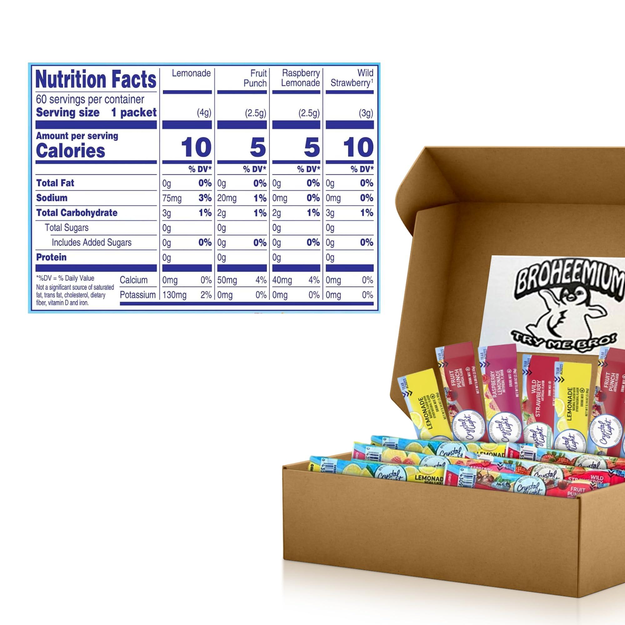 Broheemium Broheemium Crystal Light Variety Pack 60 Flavored Drink Mix Packets in Lemonade Fruit Punch Raspberry Strawberry Flavors Bundles One Reusable Mood Straw Sugar-Free Hydration Anytime Anywhere!