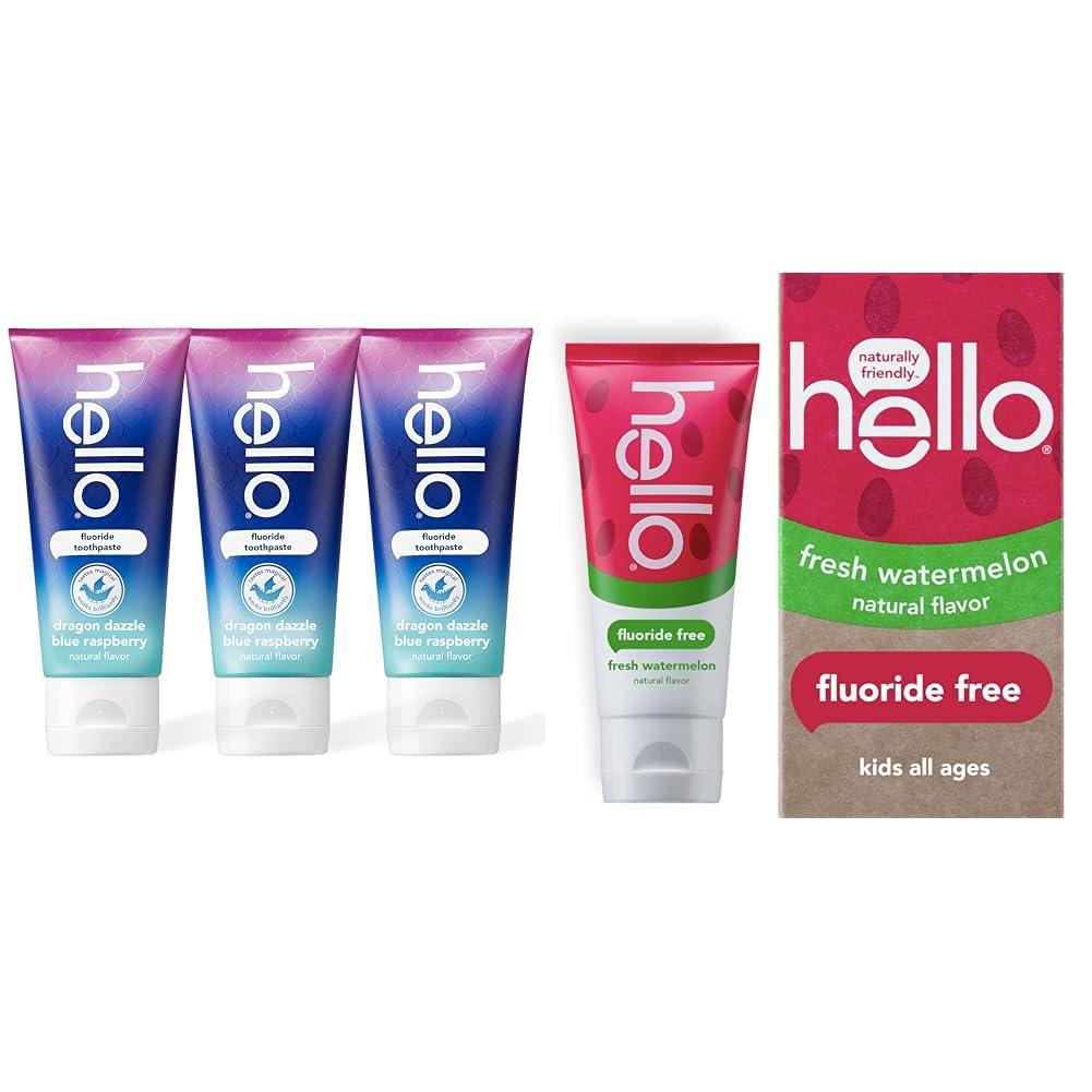hello hello Dragon Dazzle Blue Raspberry Kids Toothpaste & Kids Natural Watermelon Fluoride Free Toothpaste, Vegan & SLS Free
