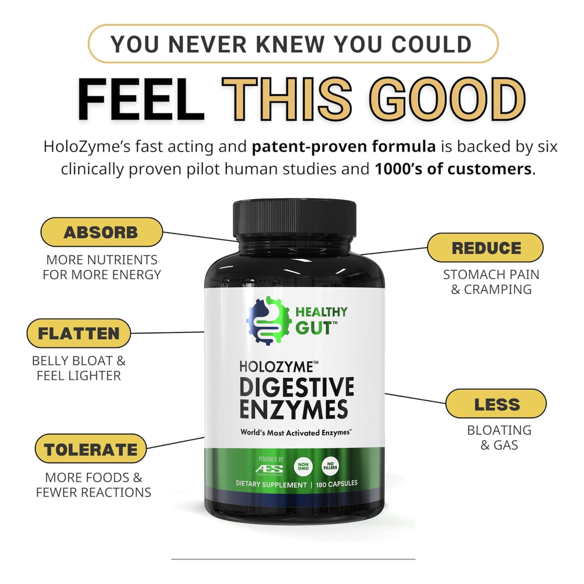 Healthy Gut, LLC Healthy Gut HoloZyme Digestive Enzymes | Enjoy Your Favorite Foods Again | w/Protease, Amylase, Lipase, Lactase, and More | 90 Servings