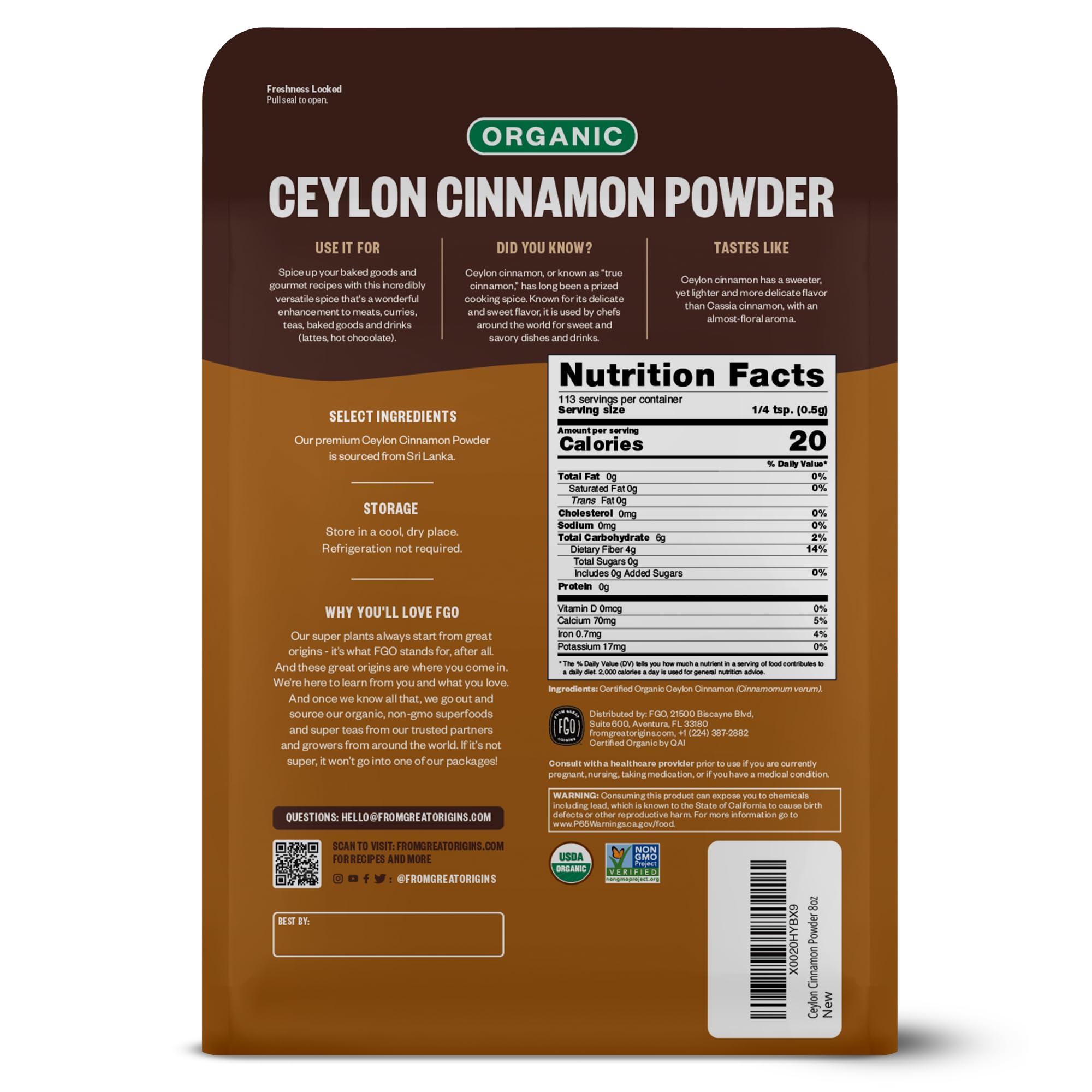 FGO FGO Organic Ceylon Cinnamon Powder, from Sri Lanka, 8oz, Packaging May Vary (Pack of 1)