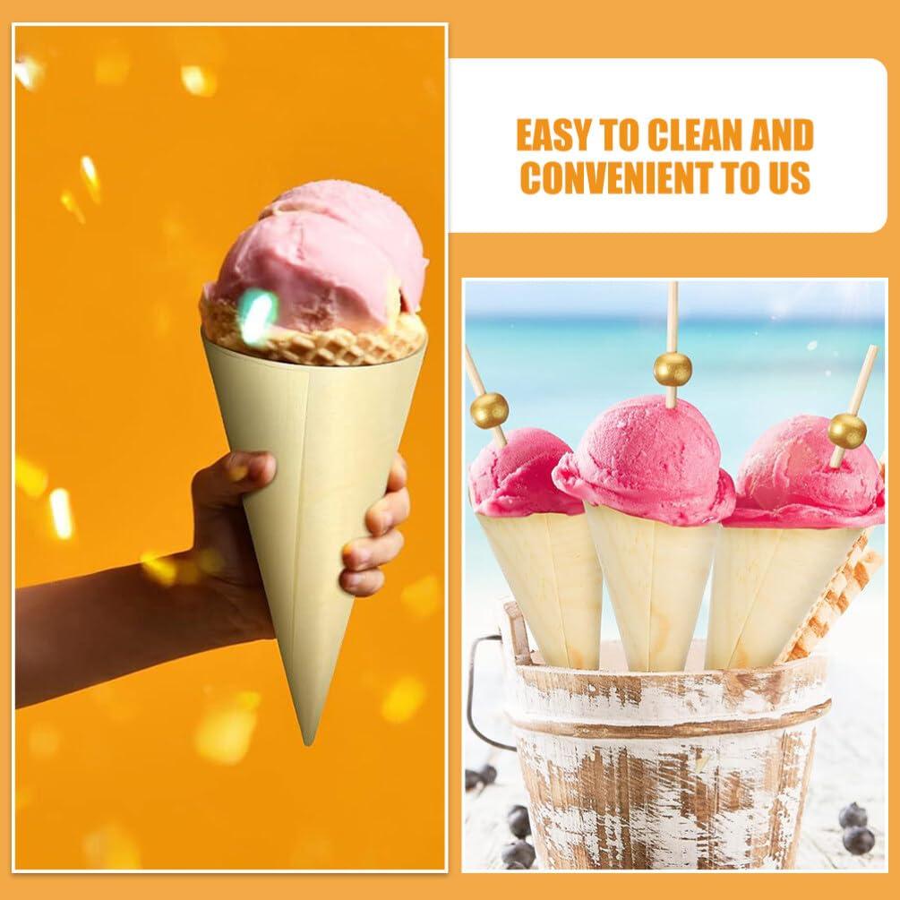 JECOMPRIS 100pcs Ice Cream Veneer Roll Chip Cones Food Cones Food Holder Wood Tasting Cones Wooden Ice Cream Cones Wooden Food Cone Popcorn Cones Wood Ice Cream Holder Wooden Dessert Cones