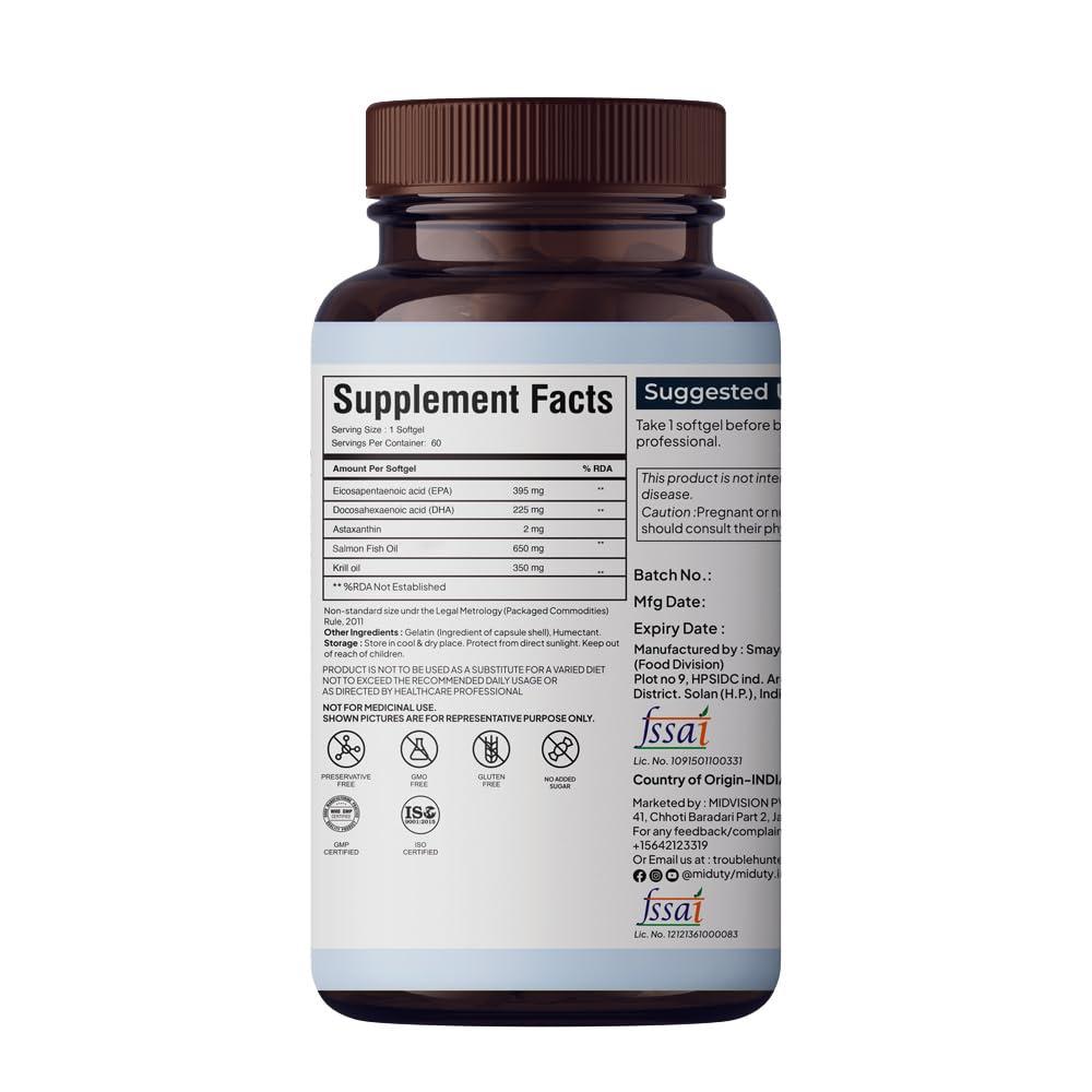 Miduty Miduty by Palak Notes Krill Oil - Wild Salmon Oil - Omega 3 Krill Oil - Astaxanthin - EPA & DHA - Omega 3 - Krill Oil Pack - 60 Softgels