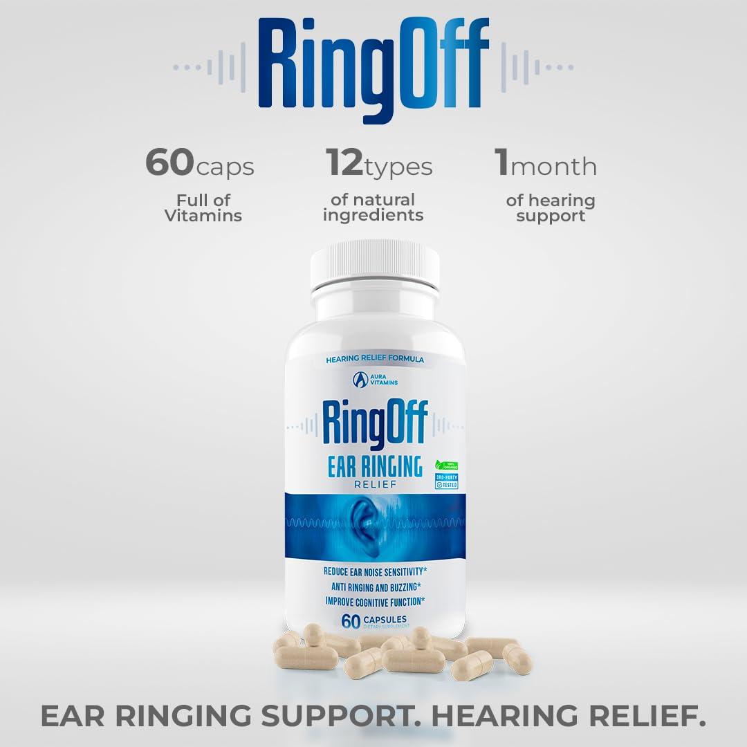 AURA VITAMINS Ring Off (120 Caps) Tinnitus Relief for Ringing Ears, Clear Tinnitus Quieting Ear Ringing Relief & Restoring Inner Peace, Ginkgo Biloba, Zinc Picolinate & More Effective Hearing Health Support
