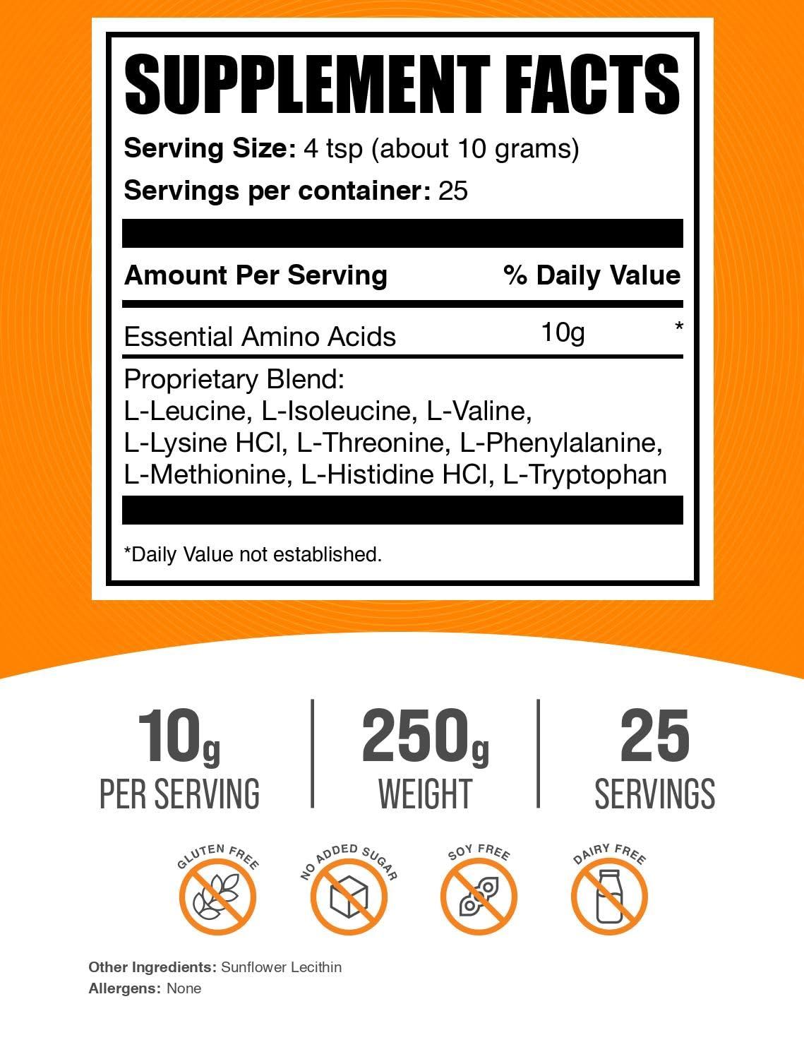 BulkSupplements BulkSupplements.com Essential Amino Acids Powder - Essential Amino Acids Supplement, EAA Powder - Unflavored & Gluten Free, 10g per Serving, 250g (8.8 oz) (Pack of 1)