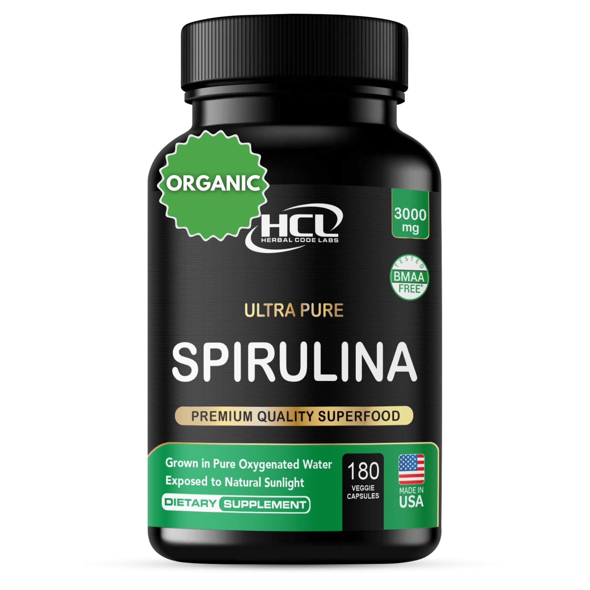 HCL HERBAL CODE LABS Organic Spirulina Powder Capsules 3000 mg - Purest Non-Irradiated Blue Green Algae - Best Raw Vegan Protein - Green Superfood - Natural Multivitamins – 180 Pills Made in The USA