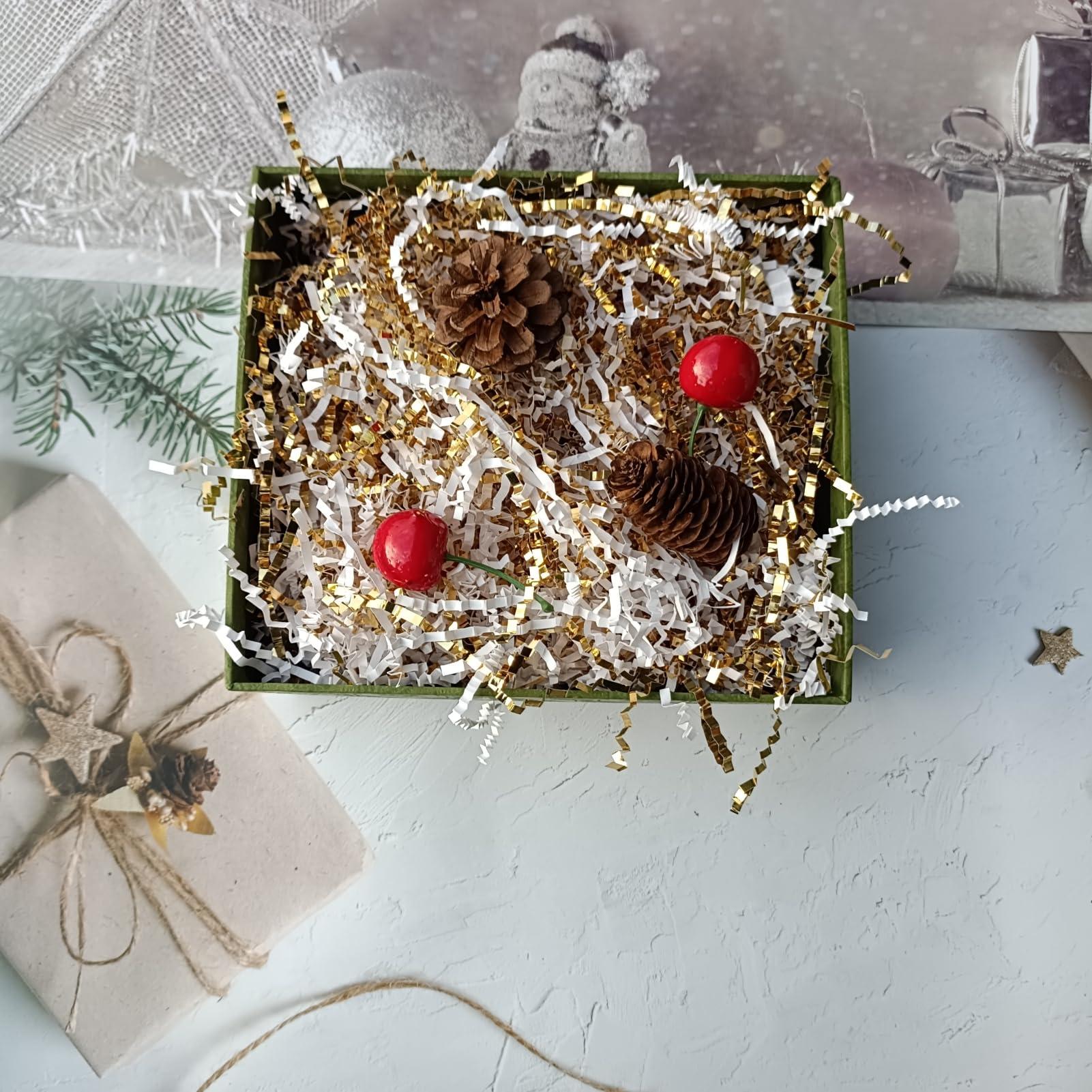 MGOHNACL 4OZ Crinkle Cut Paper Shredded Paper for Gift Box Baskets Filler, White and Gold Crinkle Cut Paper Shred Filler Confetti for Packaging