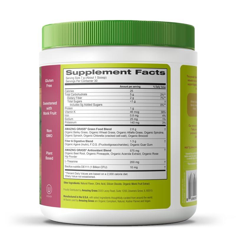 Amazing Grass Amazing Grass Greens Blend Mood: Super Greens Powder Smoothie Mix for Mood, Relaxation & Stress Support with Organic Spirulina, Chlorella, Beet Root Powder, Digestive Enzymes & Probiotics, 30 Servings