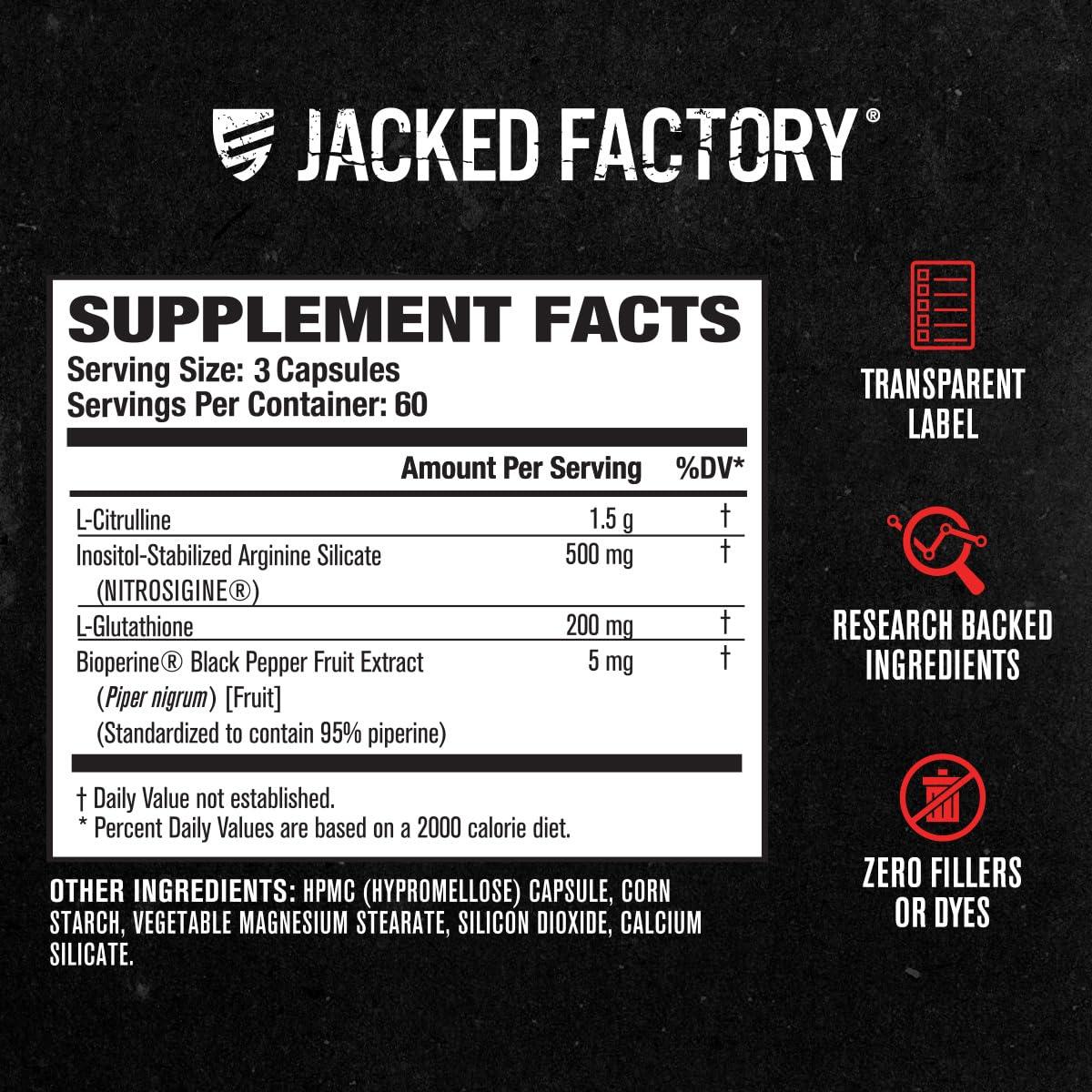 Jacked Factory Jacked Factory N.O. XT Nitric Oxide Supplements for Men w/Nitrosigine L Arginine L Citrulline Supplement for Muscle Pumps & Vascularity - Pre Workout Nitric Oxide Booster & Muscle Builder - 180 Caps