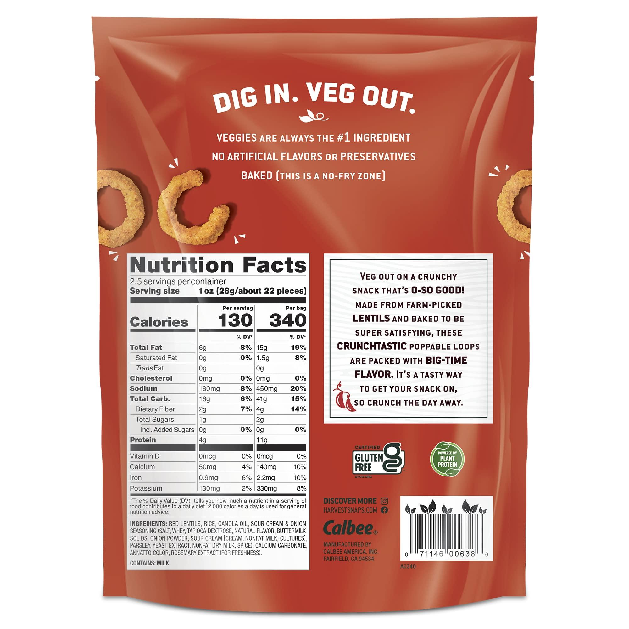 HARVEST SNAPS Harvest Snaps Veggie Chips (Sour Cream and Onion Crunchy Loops) | Powered by Plant Protein, Gluten Free, Non-GMO Baked Vegetable Crisps | Made in USA (12 Snack Packs)