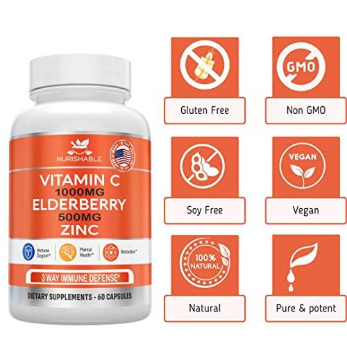 nurishable Elderberry with Zinc and Vitamin C For Adults - Vitamin C 1000mg Capsules with Zinc 50mg & Elderberry for Immune Support & Antioxidant Protection - Easy To Swallow, Non-GMO - 60 Veggie Capsules