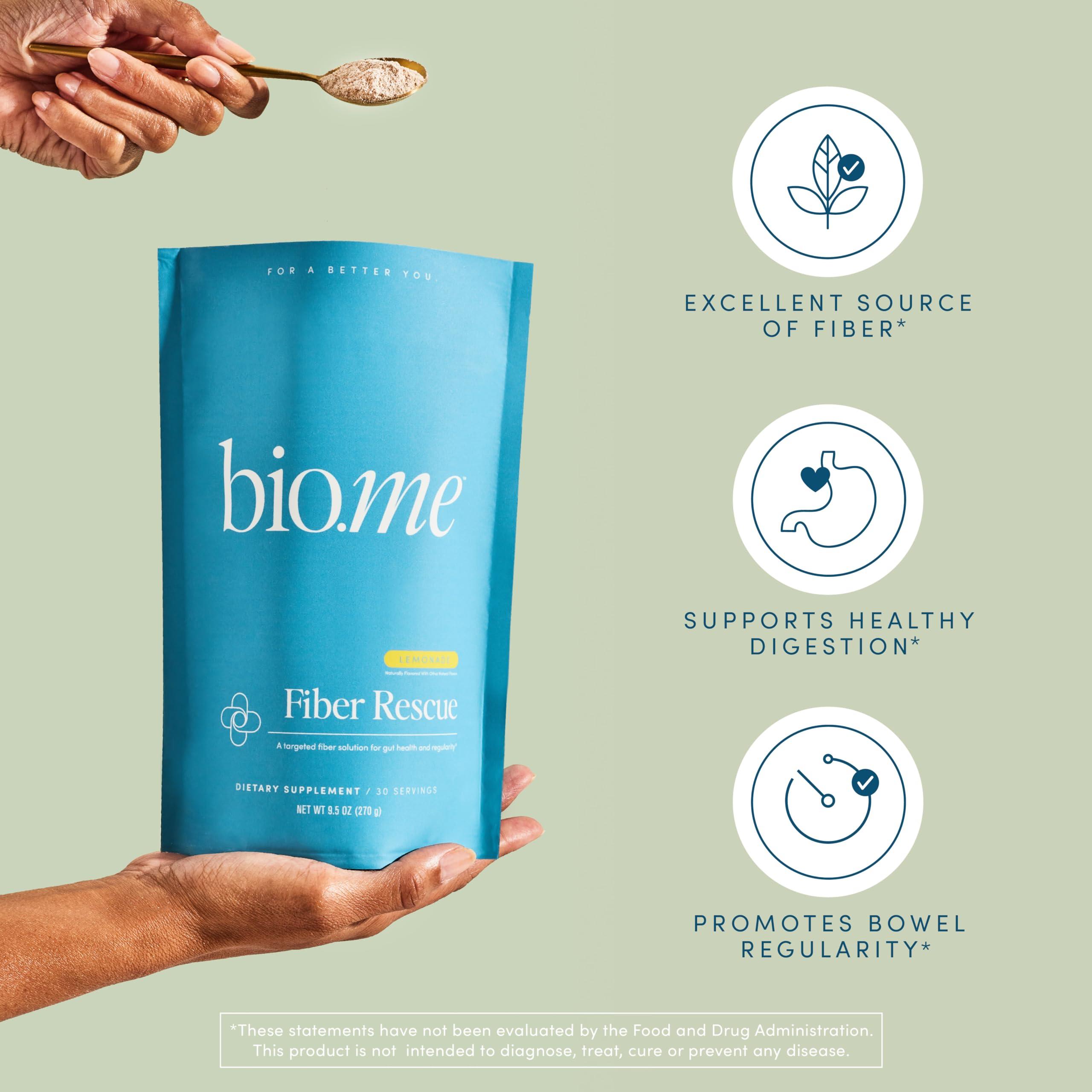 Bio.me Fiber Rescue - Psyllium Husk Powder for Digestive Health & Bloating Relief, Sugar Free Lemonade Flavored Prebiotic Soluble Fiber Powder, Non-GMO Fiber Supplement Powder, Gluten Free - 30 Servings