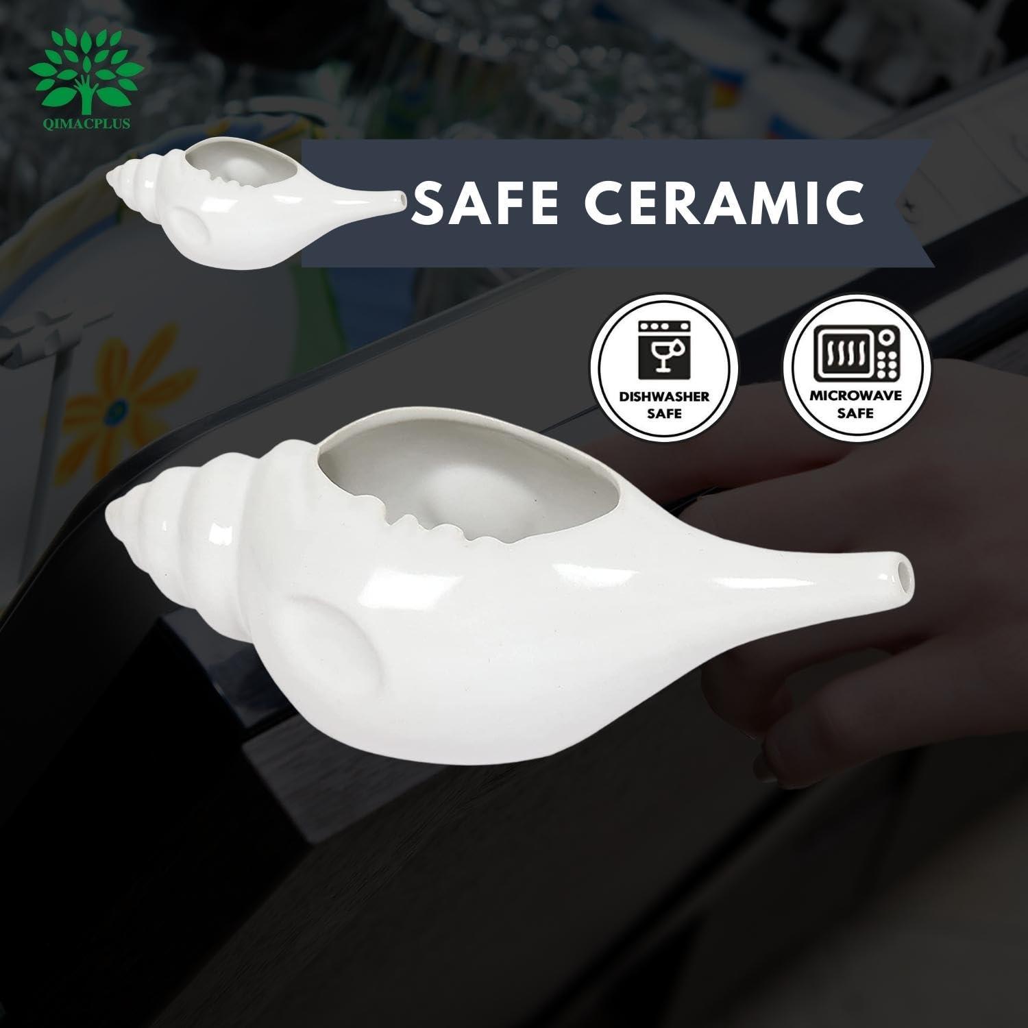 Qimacplus Qimacplus Leak Proof Durable Ceramic Neti Pot Non-Metallic & Comfortable Grip with 10 Sachet Neti Salt | Microwave and Dishwasher Friendly Natural Treatment for Sinus and Congestion (White)