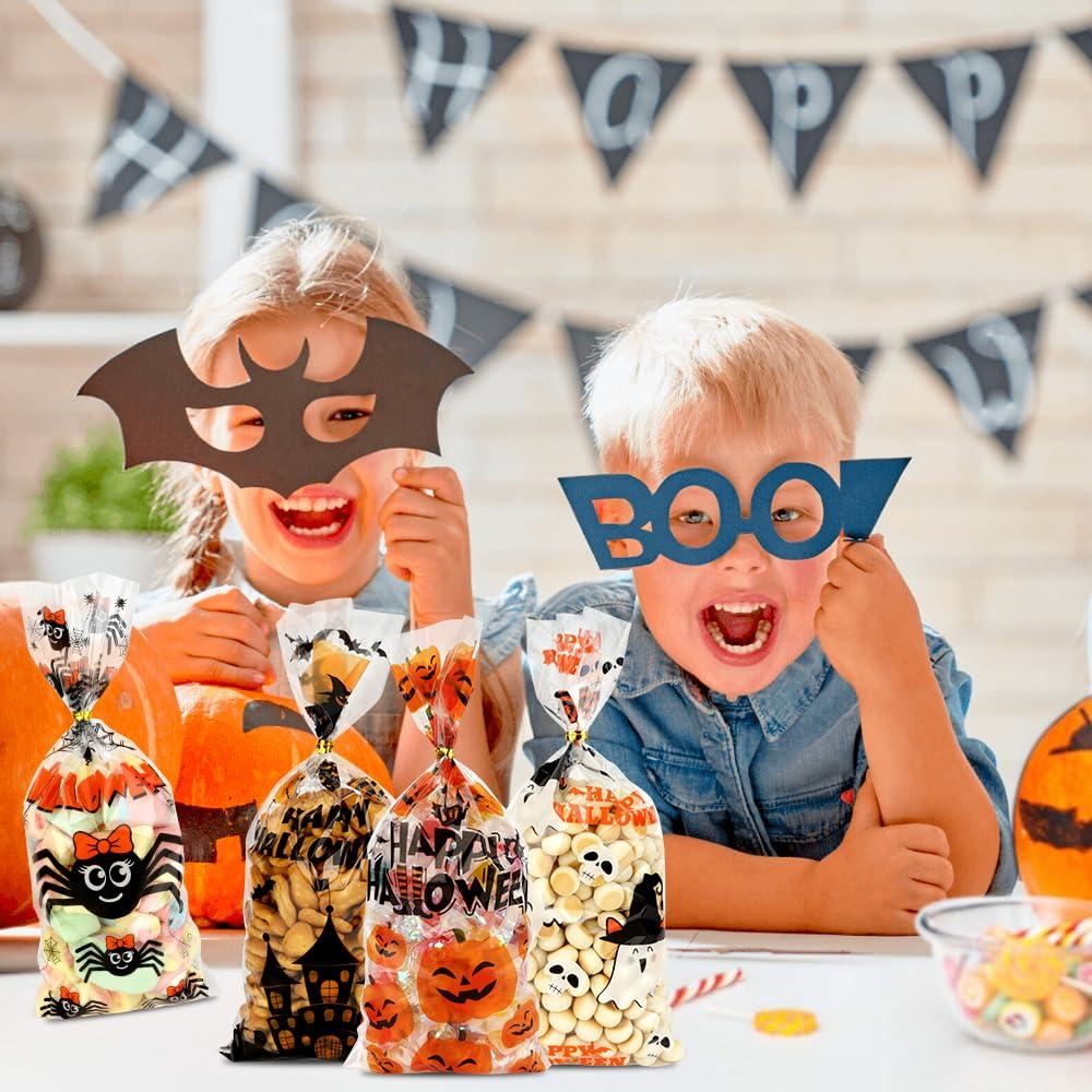 tauywolci Halloween Treat Bags, Halloween Cellophane Treat Bags, 60 PCS Halloween Candy Bags, Halloween Goodie Bags with Twist Ties, 4 Styles Small Halloween Gifts Bags for Trick or Treat Party Favors Supplies