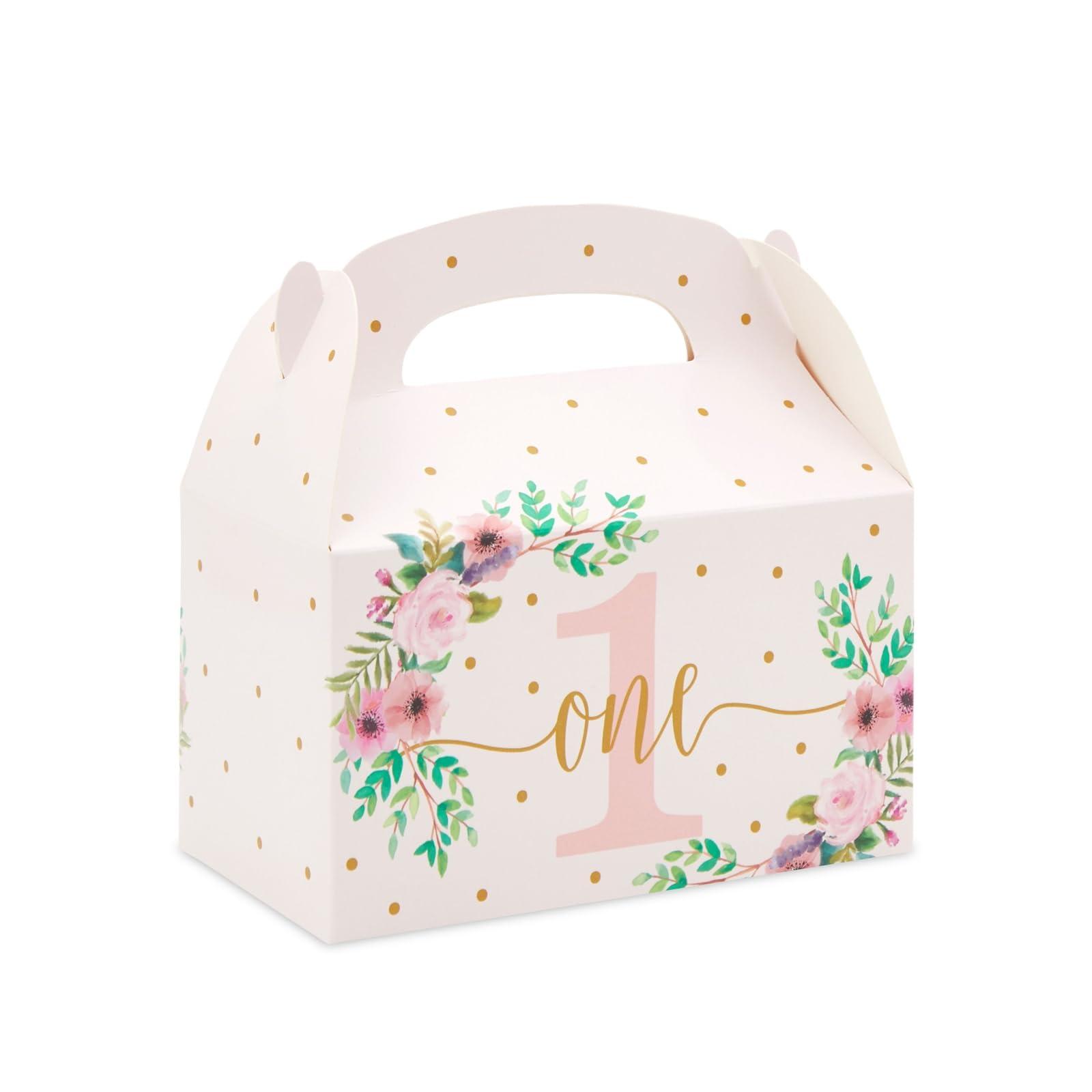 BLUE PANDA BLUE PANDA 24 Pack Pink Floral Present Boxes for 1st Birthday Party Favors - Goodie Gable Box (6.2 x 3.6 x 3.3 in) - First Birthday Candy Boxes for Girls - Gable Boxes for One Year Old