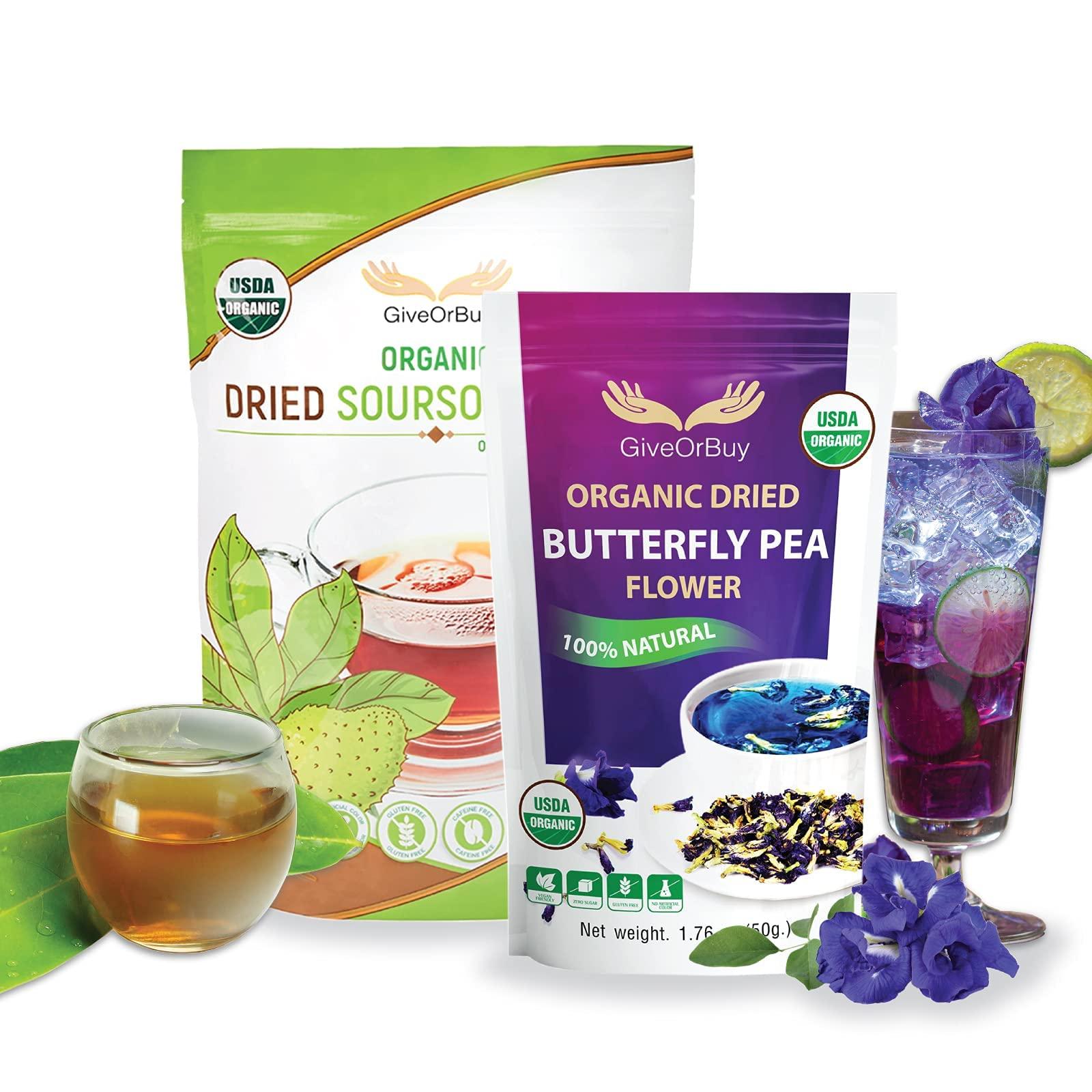 GIVEORBUY Butterfly Pea Flower 1.75 Oz Include Soursop Leaves USDA Organic (200 Leaves) Resealable Bag by GiveOrBuy