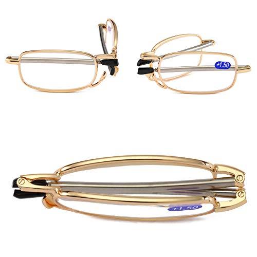 SOOLALA SOOLALA Metal Aolly Frame Folding Magnifying Compact Reading Glasses Reader w/Case (2 Pair/Gold + Gun, 2.75)
