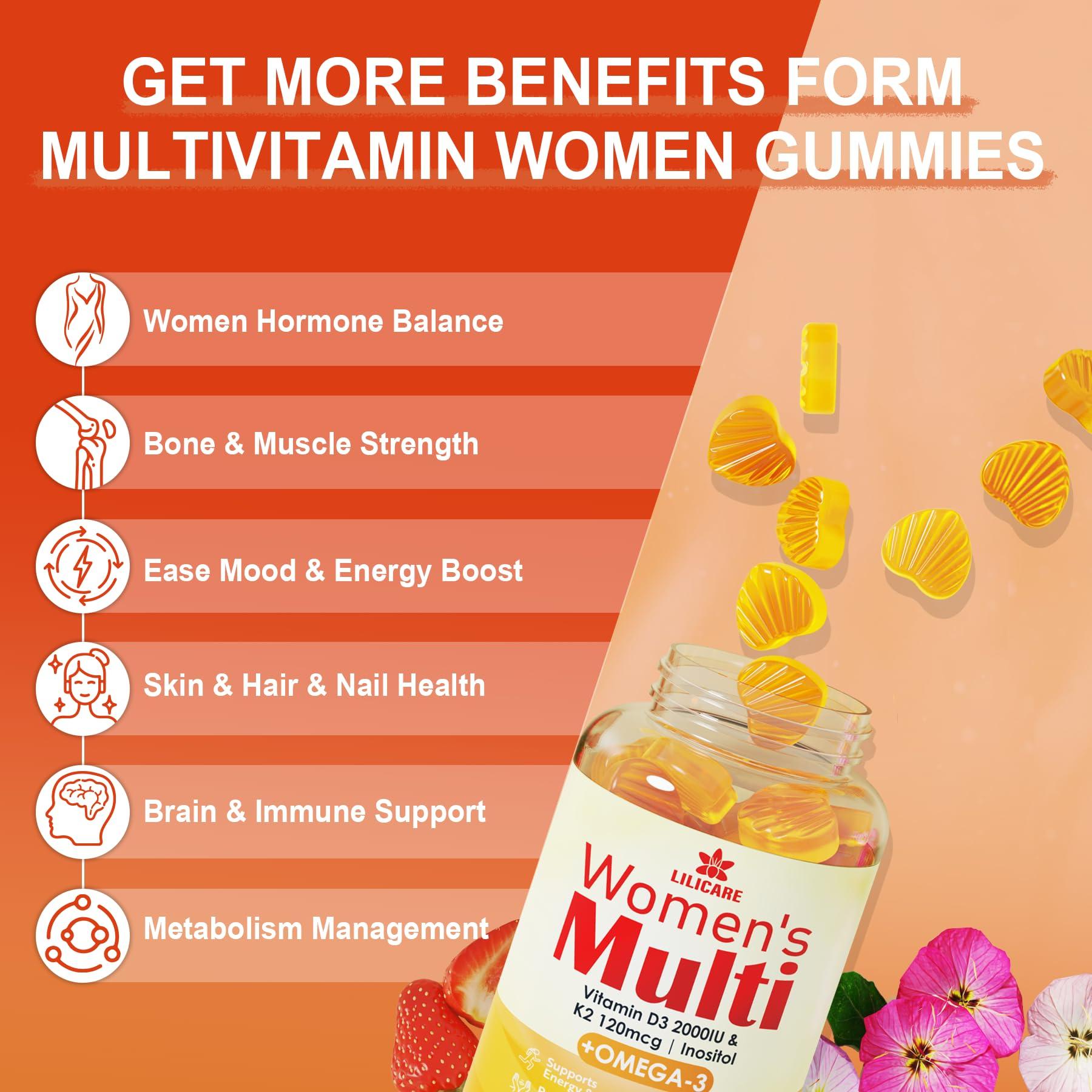 LILICARE Womens Multivitamin Gummies, Sugar-Free Methylated Multivitamins w/D3 + K2, Vegan Omega 3, Algae Calcium, Daily Vitamin A C E B6 B12 Folate, Inositol, Minerals for Energy, Mood, Bone, Hormore, 60 Cts