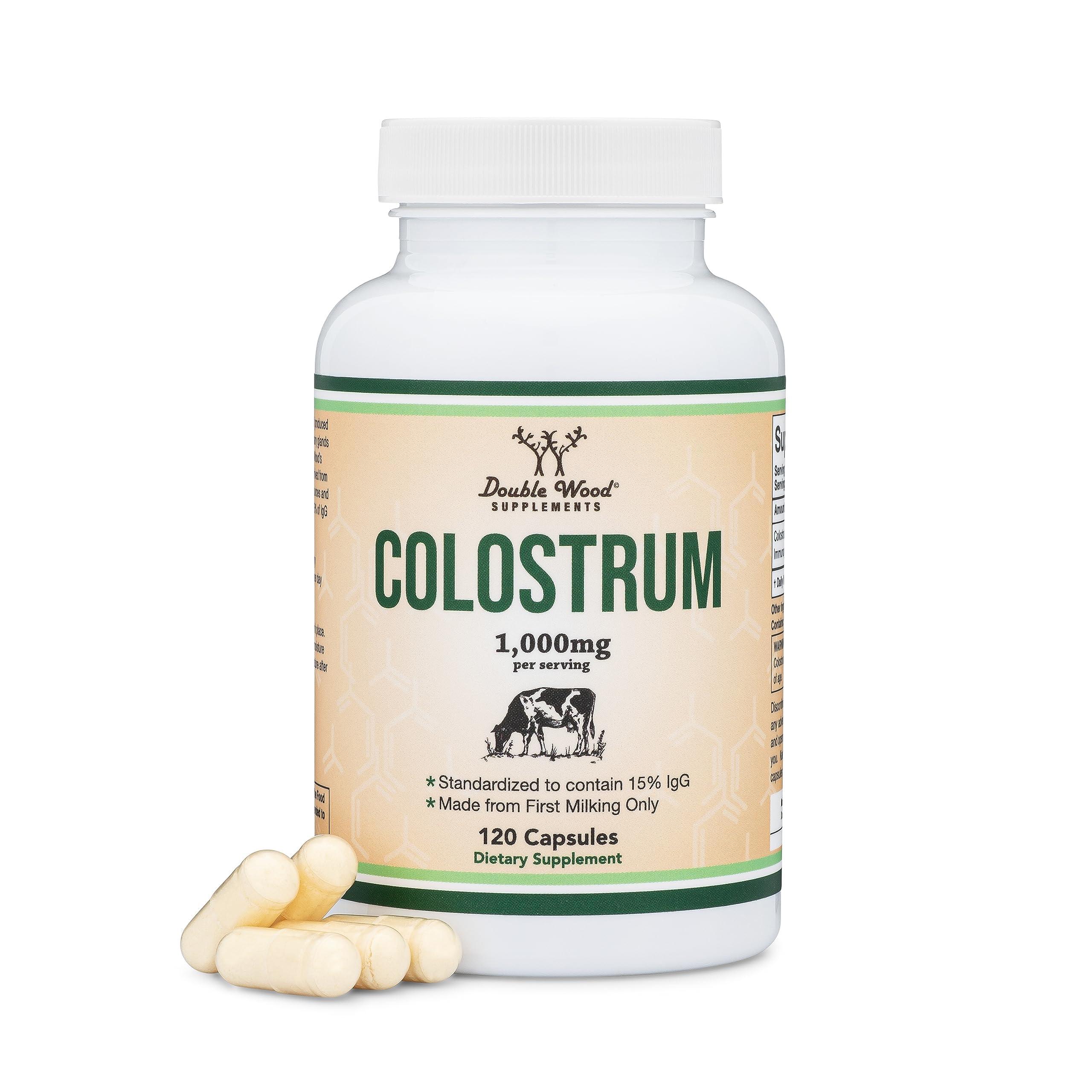 Double Wood Supplements Colostrum Supplement 120 Capsules, 1,000mg per Serving (Bovine Colostrum Powder from First Milking Only, Std. to Contain 15% IgG Immunoglobulins) No Fillers, Third Party Tested by Double Wood