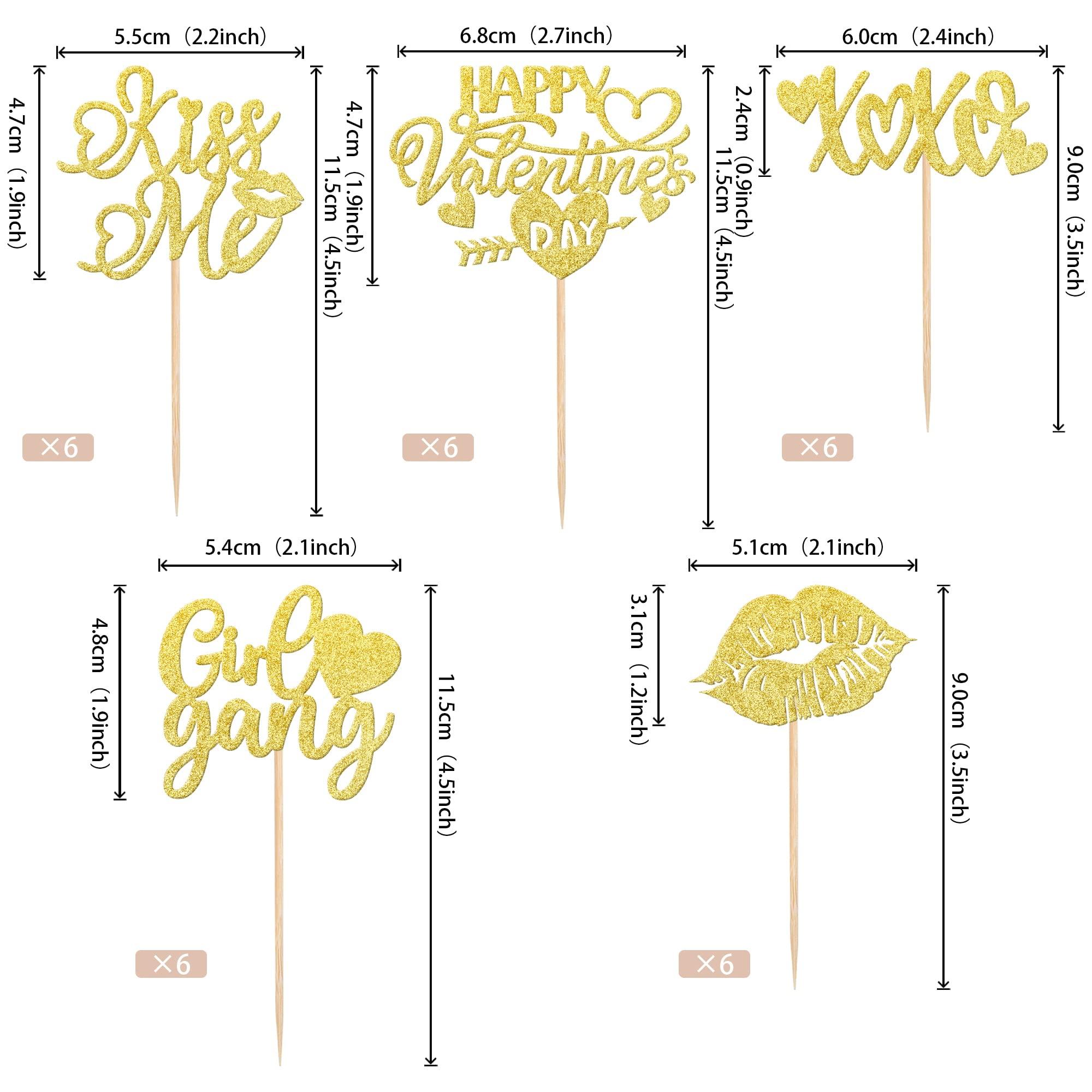 ZHUOWEISM 30 PCS Happy Valentine's Day Cupcake Toppers Glitter Lips Kiss Me Love heart Be Mine Cupcake Picks for Valentine's Day Theme Wedding Bridal Shower Birthday Party Cake Decorations Supplies Gold