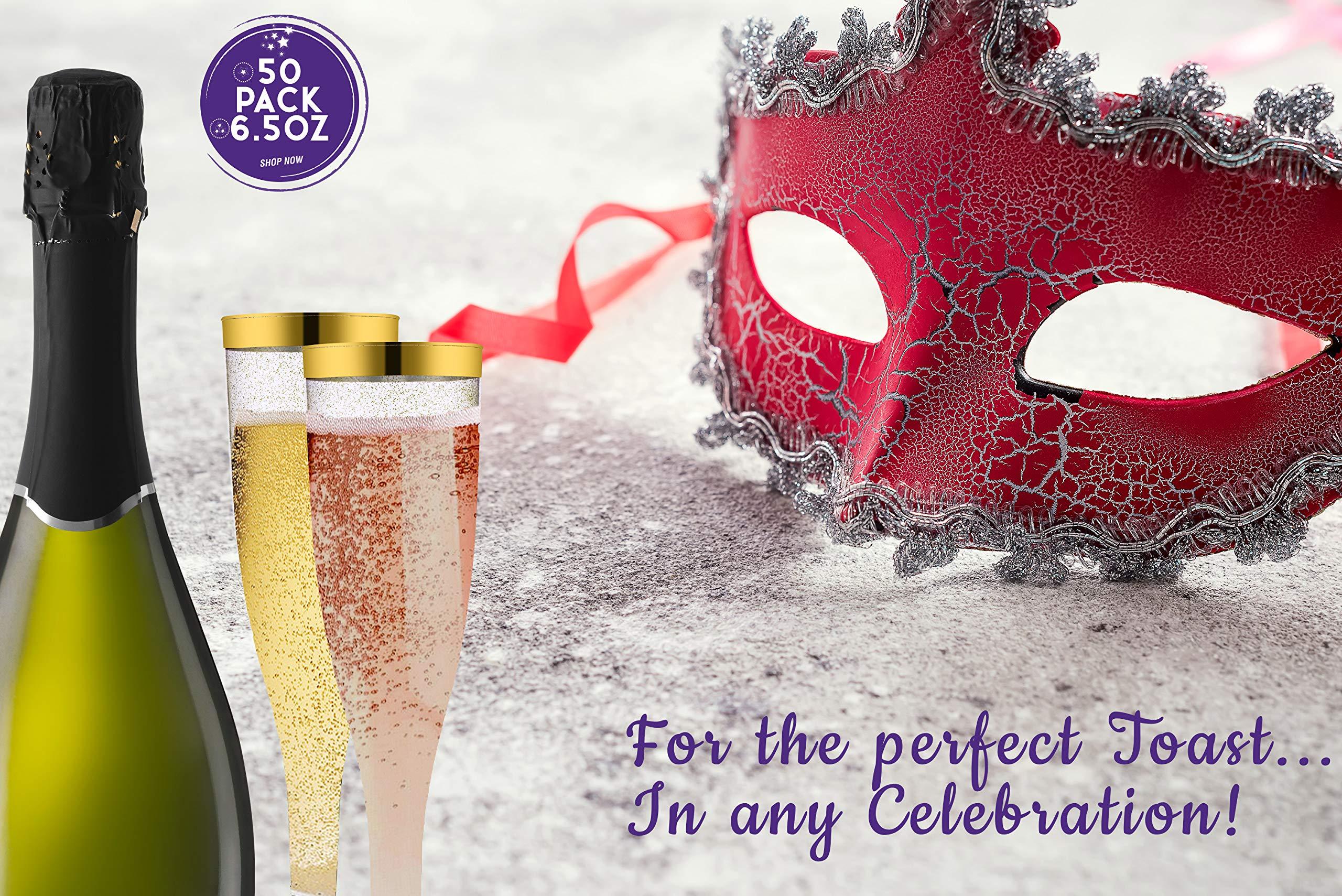 TasteOfQuality 50 Gold Rimmed Sparkle Plastic Champagne Flutes, Gold Glitter, 6.5 Oz Reusable Heavy Duty Wine Glass, Clear Plastic Toasting Glasses, Disposable Plastic Wine Glasses, cups for Bachelorette Party.