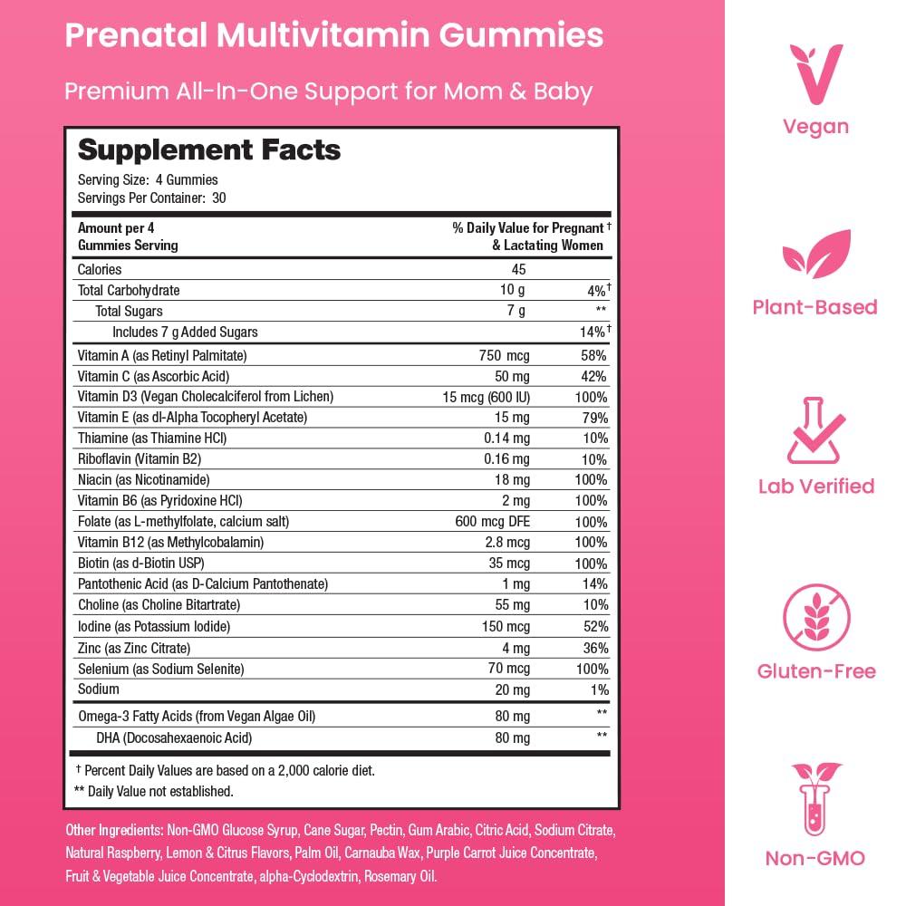Mother\'s Promise Prenatal Vitamin Gummies with DHA | Vegan Prenatal Vitamins for Women with Omega 3, Methylfolate, Choline & D3, Pregnancy Vitamins for Fetal Development | Gummy Multivitamin Supplement, 120 Count