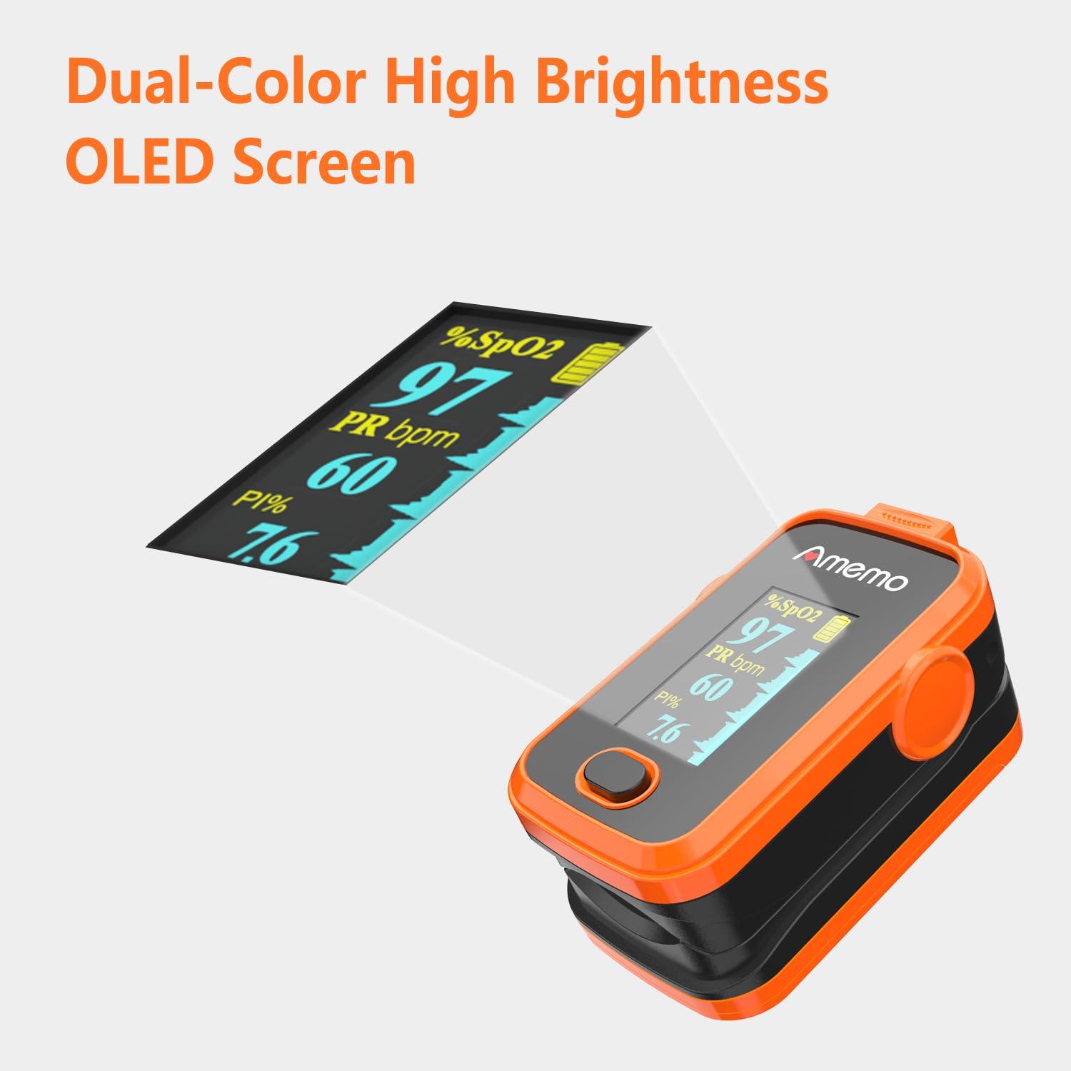 Amemo Pulse Oximeter,OLED Display Oxygen Monitor Fingertip,Blood Oxygen Saturation Monitor(SpO2) with Carrying Case,Silicone Cover (Orange)