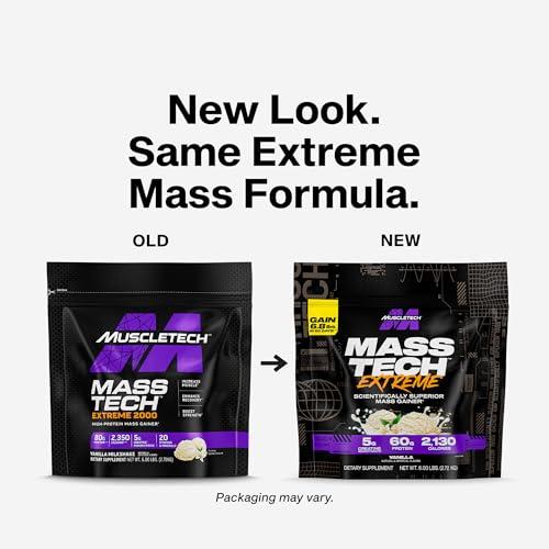 MuscleTech Muscletech High-Protein Mass Gainer (Vanilla Milkshake, 6LB) - Mass Tech Extreme 2000 Mass Gainer Protein Powder Supplement - Weight Gainer for Increase Muscle, Enhanced Recovery & Strength