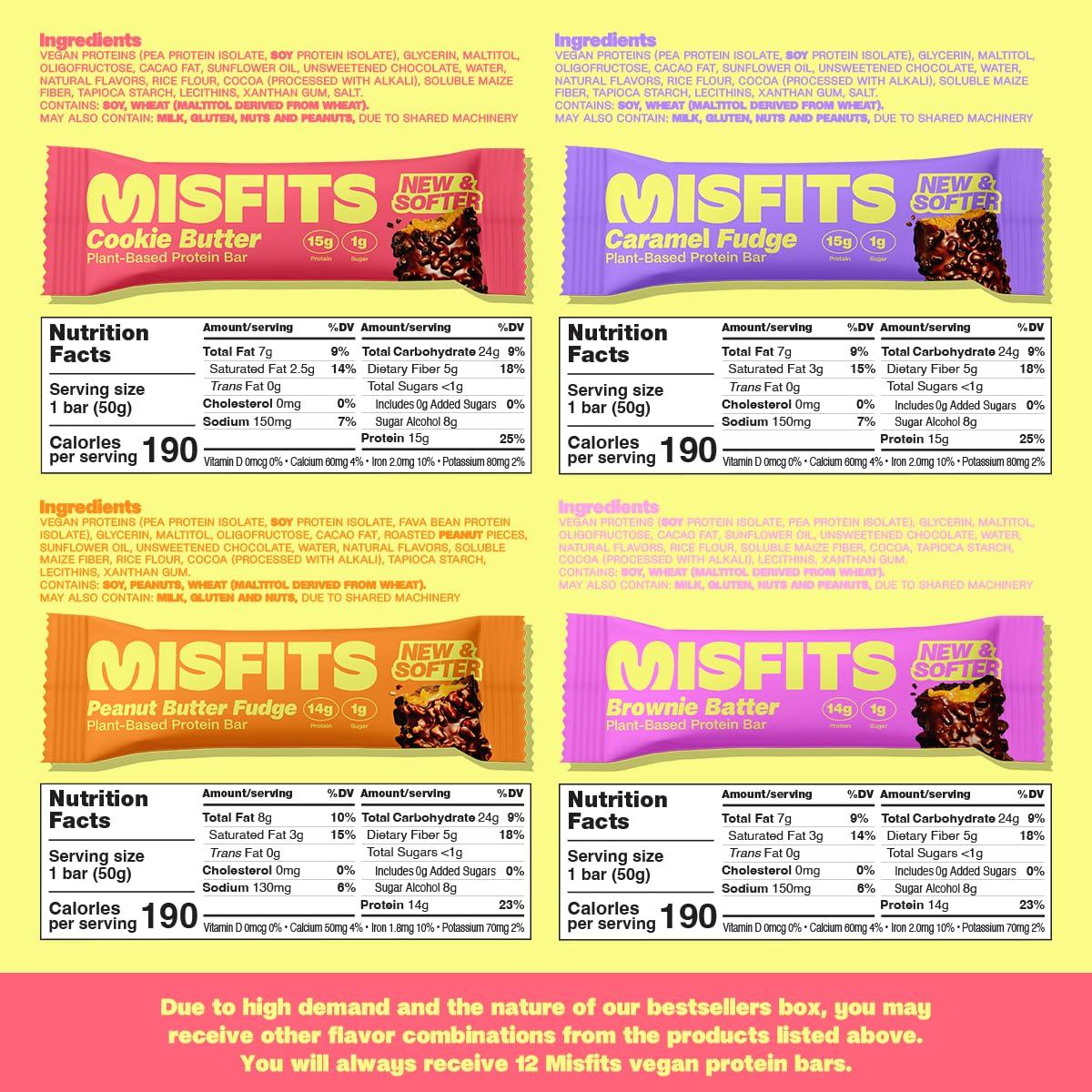 Misfits Misfits Vegan Protein Bar Bundle, Plant Based Protein Bars, High Protein 15g Per Bar, Low Sugar, Low Carb, Vegan, High Fiber, Non GMO, Best Sellers Variety and Brownie Batter 15 Packs
