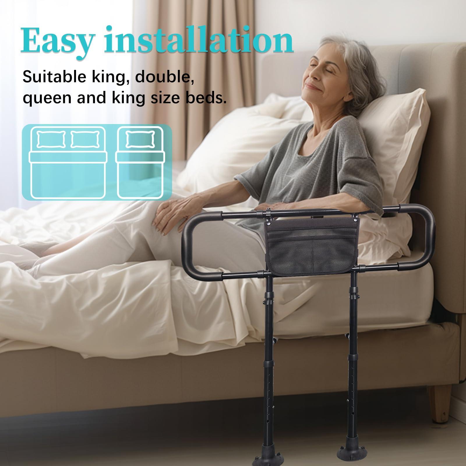 AOHHL Bed Rails for Elderly Adults Safety with Adjustable Heights Storage Pocket Assist Support Side Railings for Seniors Citizens Slides Under Mattressbed Cane Bed Guard Bed Handles Bars (Black)