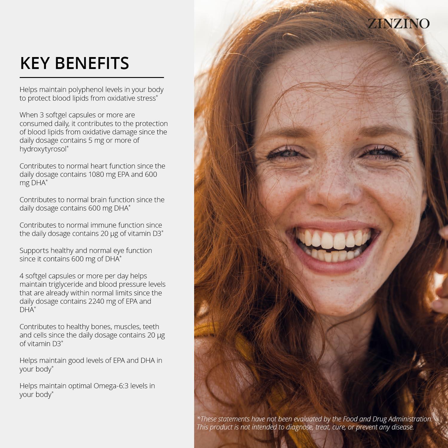 ZINZINO Zinzino - Essent+ Premium, Advanced Polyphenol Omega Balance with Fish Oil, Glycerin, Cold-Pressed Extra Virgin Olive Oil, Vitamin D - 60 Softgels