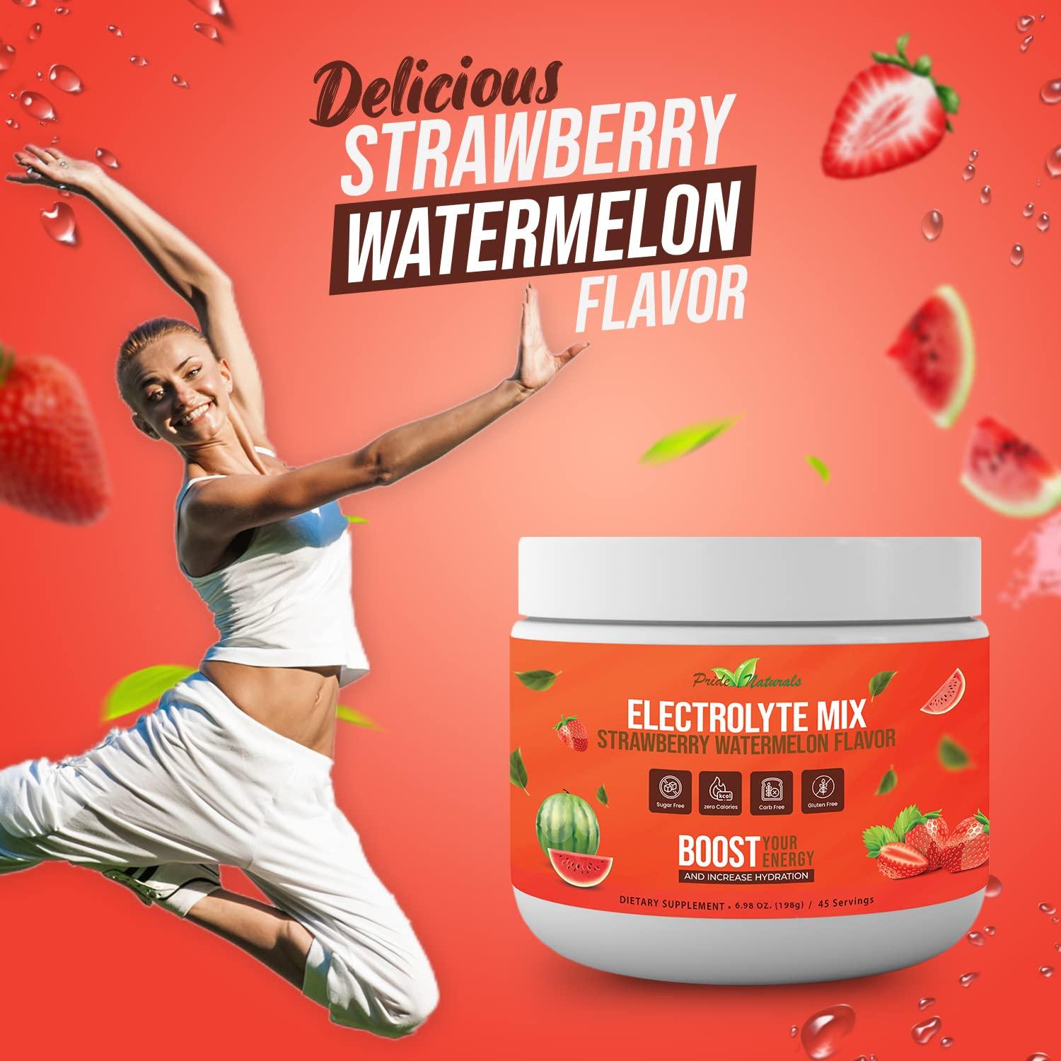Pride Naturals Inc Electrolyte Powder - Refreshing Workout Recovery Electrolytes, Sugar Free, Gluten Free & Vegan, Pure Keto & Paleo Hydration Beverage, Immune Boosting Vitamins (198 Grams, Strawberry Watermelon)