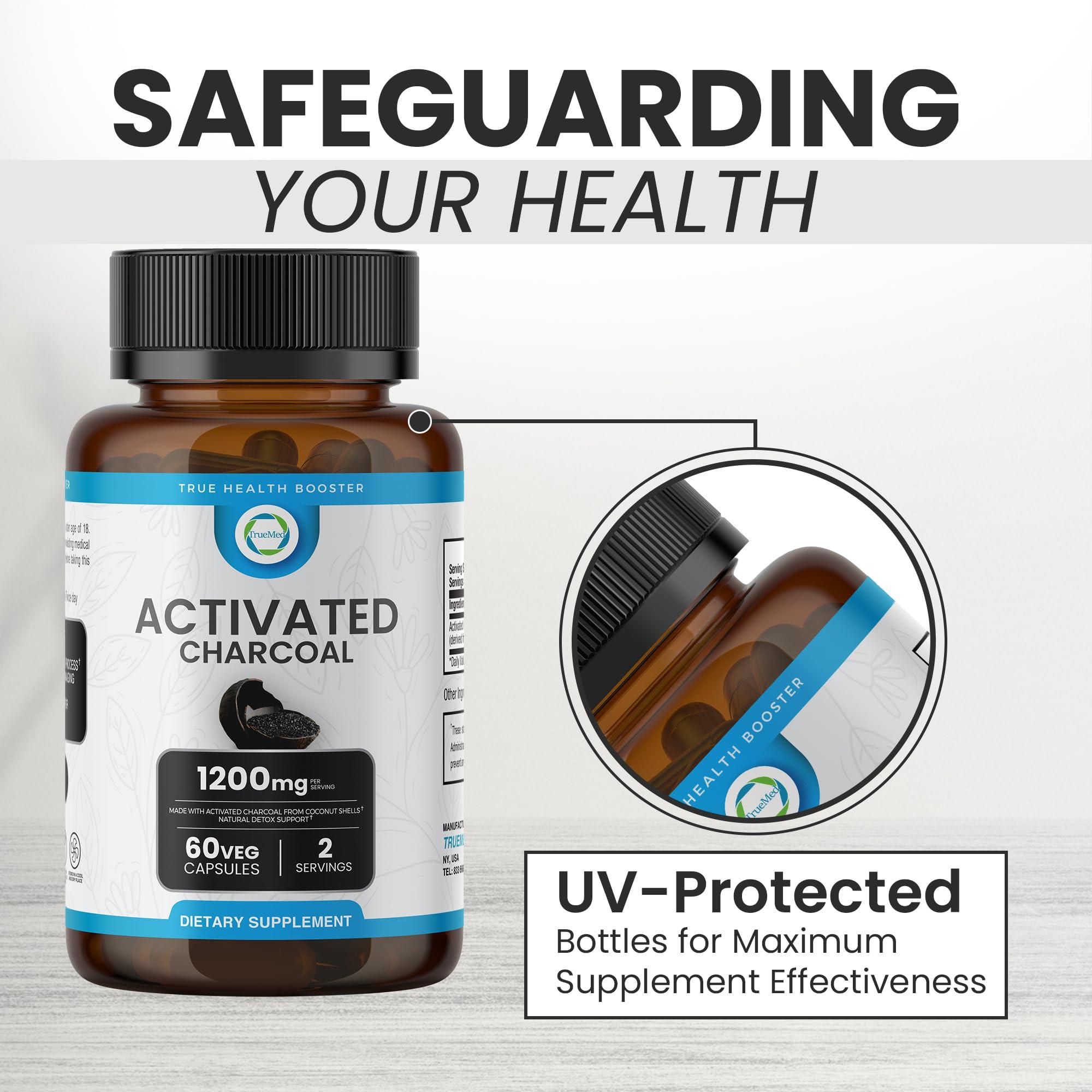 TRUEMED TRUEMED Activated Charcoal Organic Coconut Shell Derived Charcoal Capsule,1200mg, 60 Capsules, Support Detox & Digestive Health, Activated Charcoal Capsules for Health-Conscious Individuals