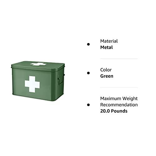 Flexzion Flexzion First Aid Box Organizer - Empty 13\" Green Vintage First Aid Kit Tin Metal Medical Box - First Aid Storage Box Container Bins with Dividers, Removable Tray and White Cross Logo