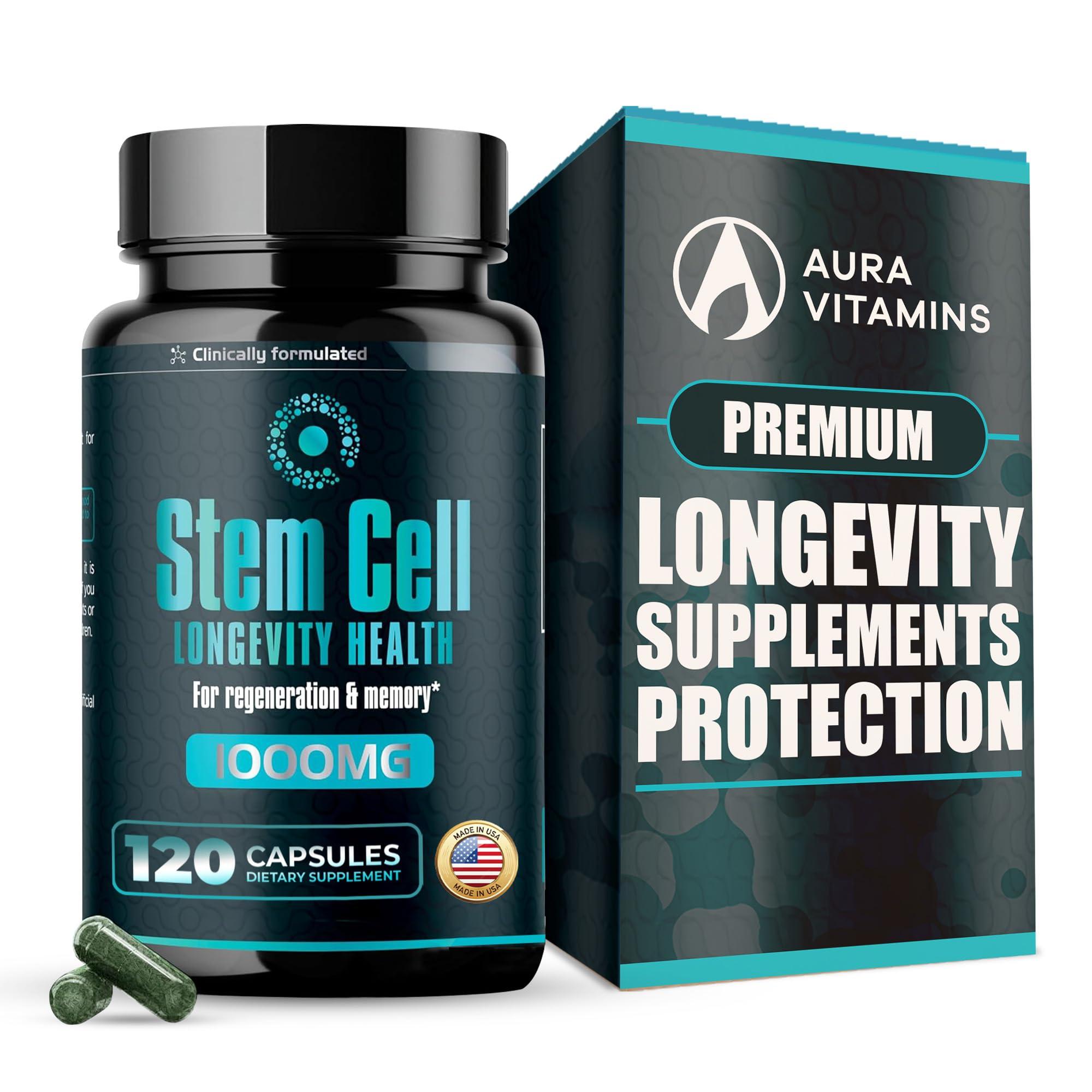 AURA VITAMINS Premium Stem Cell Supplements 1,000mg (120 Caps) Boost Immunity, Reduce Joint Soreness, Support Natural Anti-Aging & Longevity with Spirulina & Chlorella for Vitality, Celulas Madre Health Formula