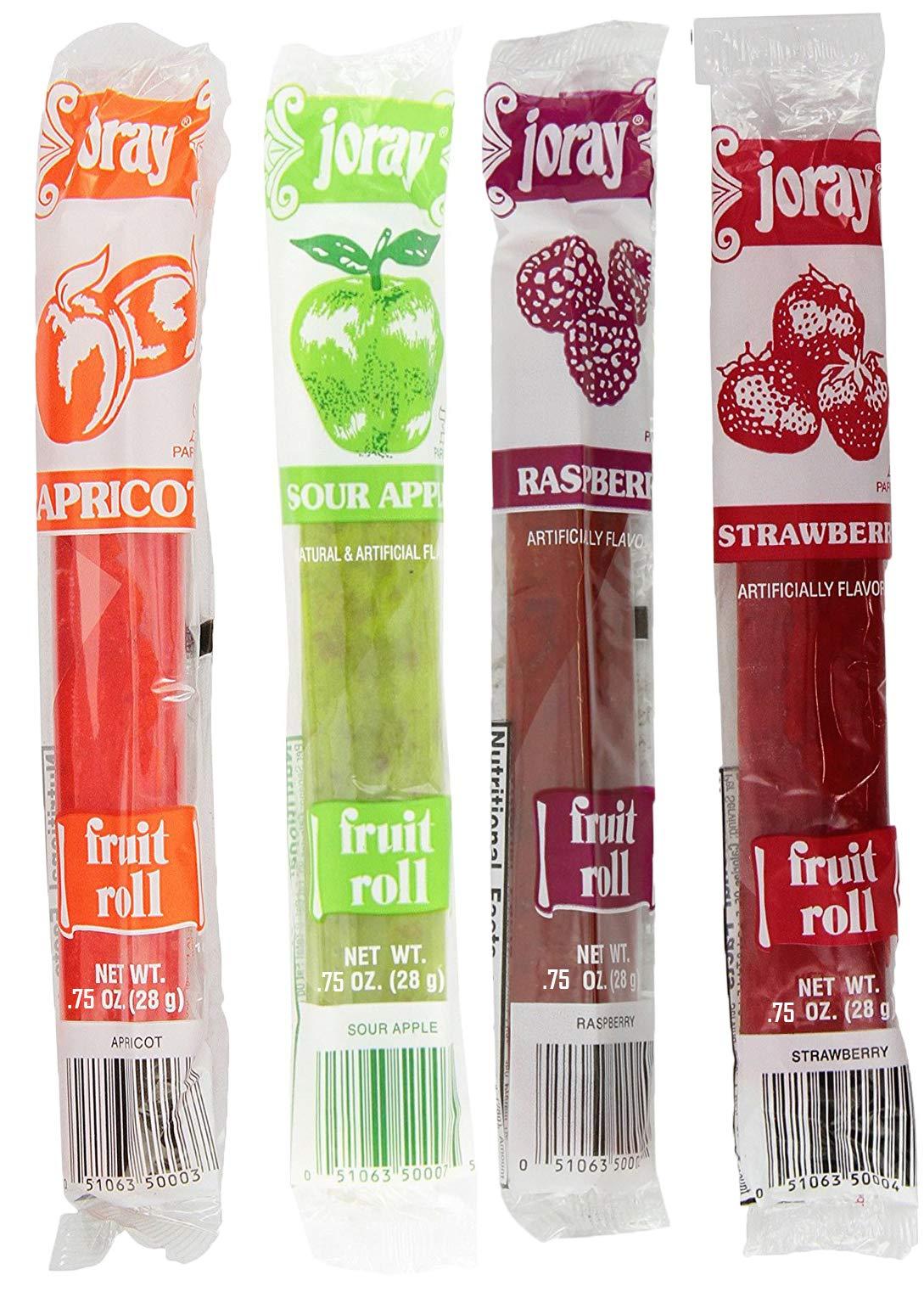 Joray Joray Fruit Roll Variety Pack! Apricot, Strawberry, Raspberry, Sour Apple.75 Oz Fruit Leather (Total of 24 Fruit Leathers)