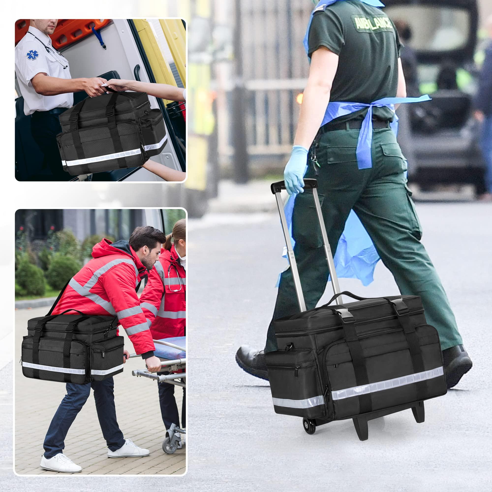 Damero Damero Rolling Medical Bag with Detachable Trolley, Medical Equipment Bag with Removable Pouches and Dividers, First Aid Responder Bag Empty for Home Health Nurses, Doctors, EMT, EMS, Black