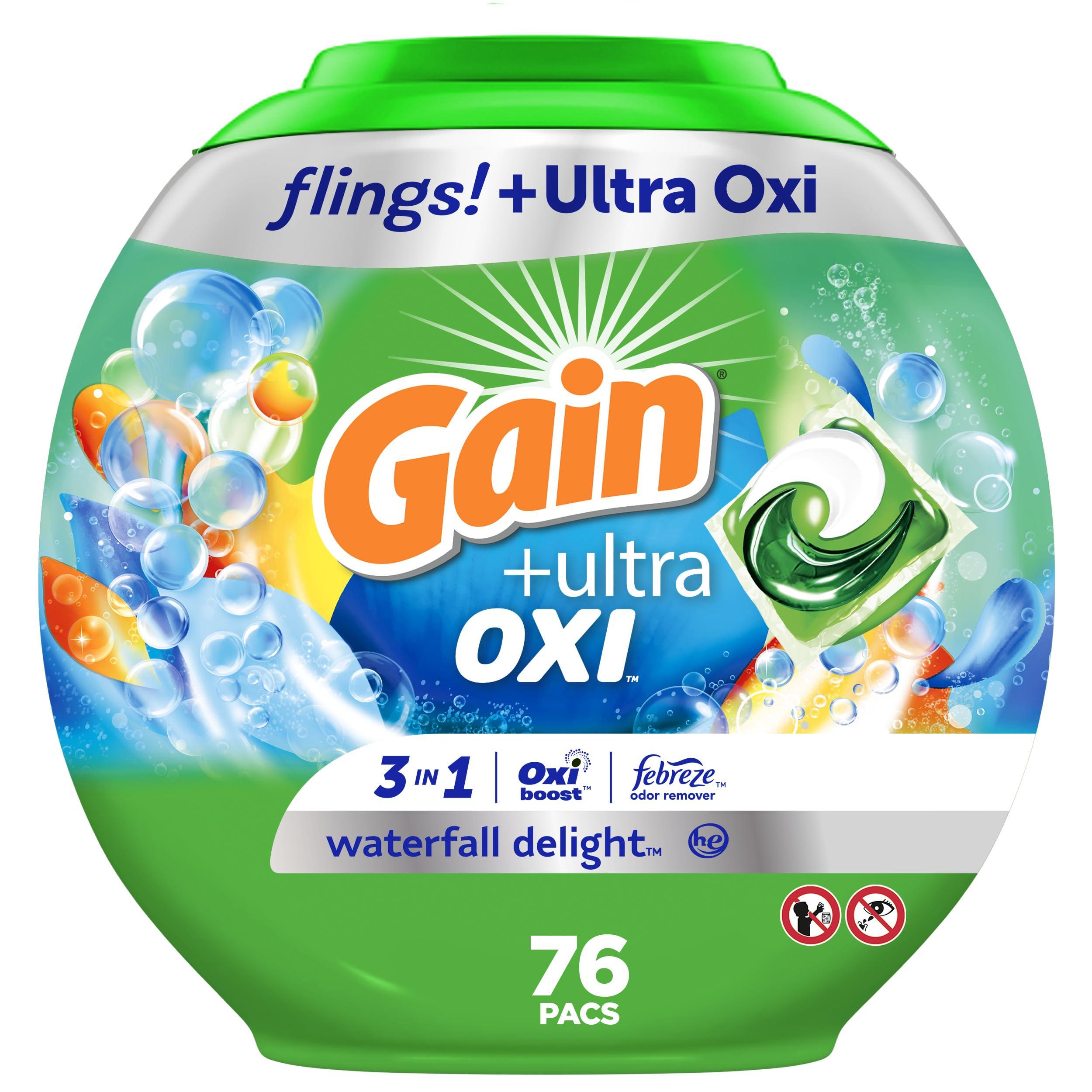 Gain Gain flings Ultra Oxi Laundry Detergent Pacs 3-in-1 HE Compatible, Waterfall Delight Scent, 76 Count