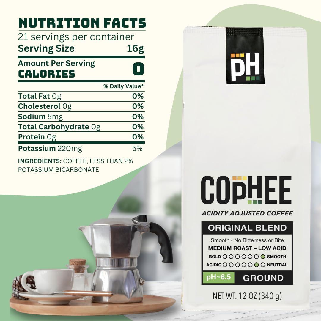 COpHEE Electrolyte Infused Low Acid Coffee by COpHEE - Ground Medium Roast - Smooth Non-GMO Arabica Coffee - Designed for Sensitive Stomachs, Acid Reflux, and Heartburn - Original Blend 12 oz bag