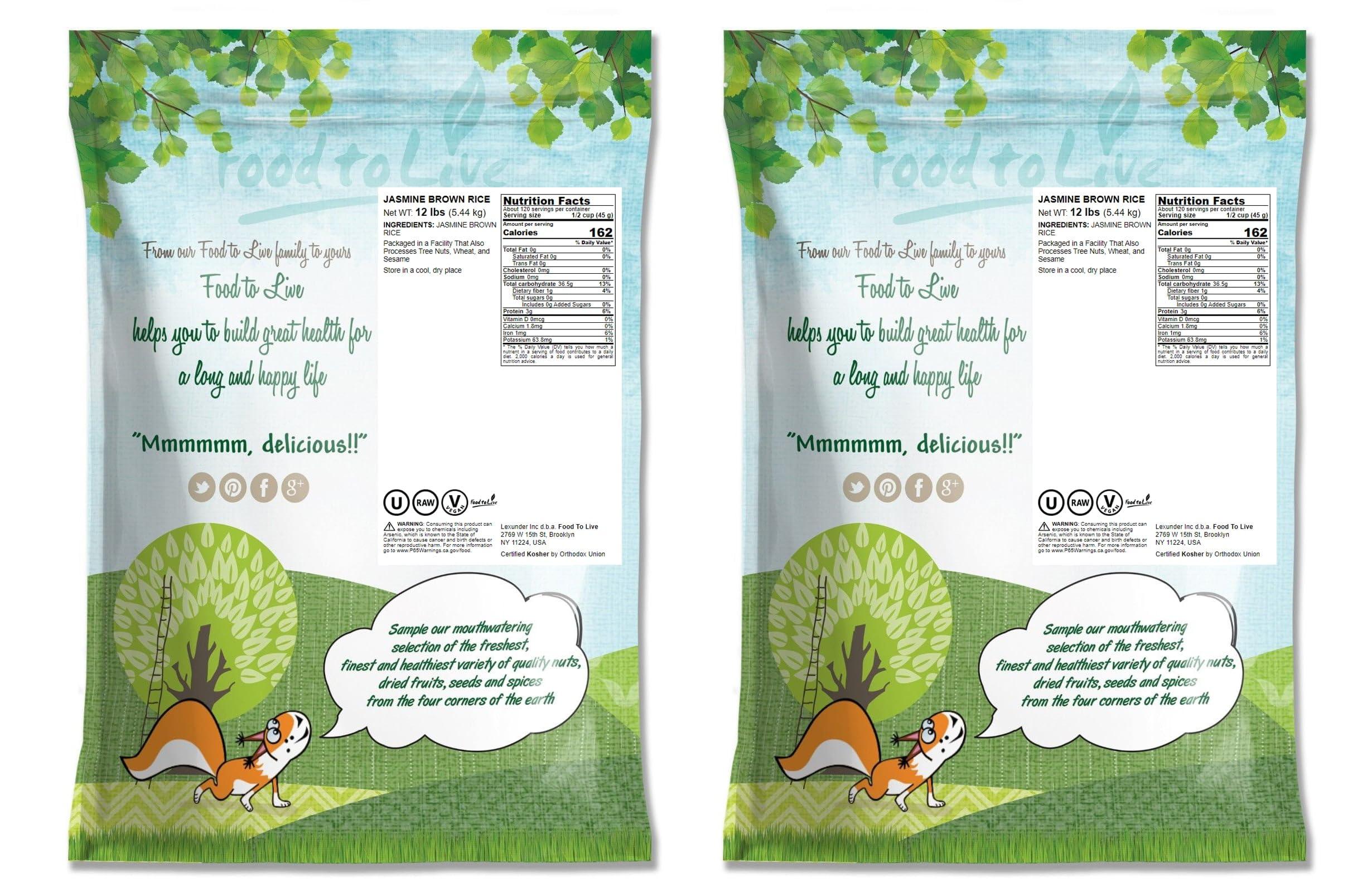 Food to Live Food to Live Jasmine Brown Rice, 24 Pounds Whole-Grain and Long-Grain Thai Rice, Vegan, Kosher, Bulk. Higher in Fiber than White Jasmine Rice. Great as Side Dish