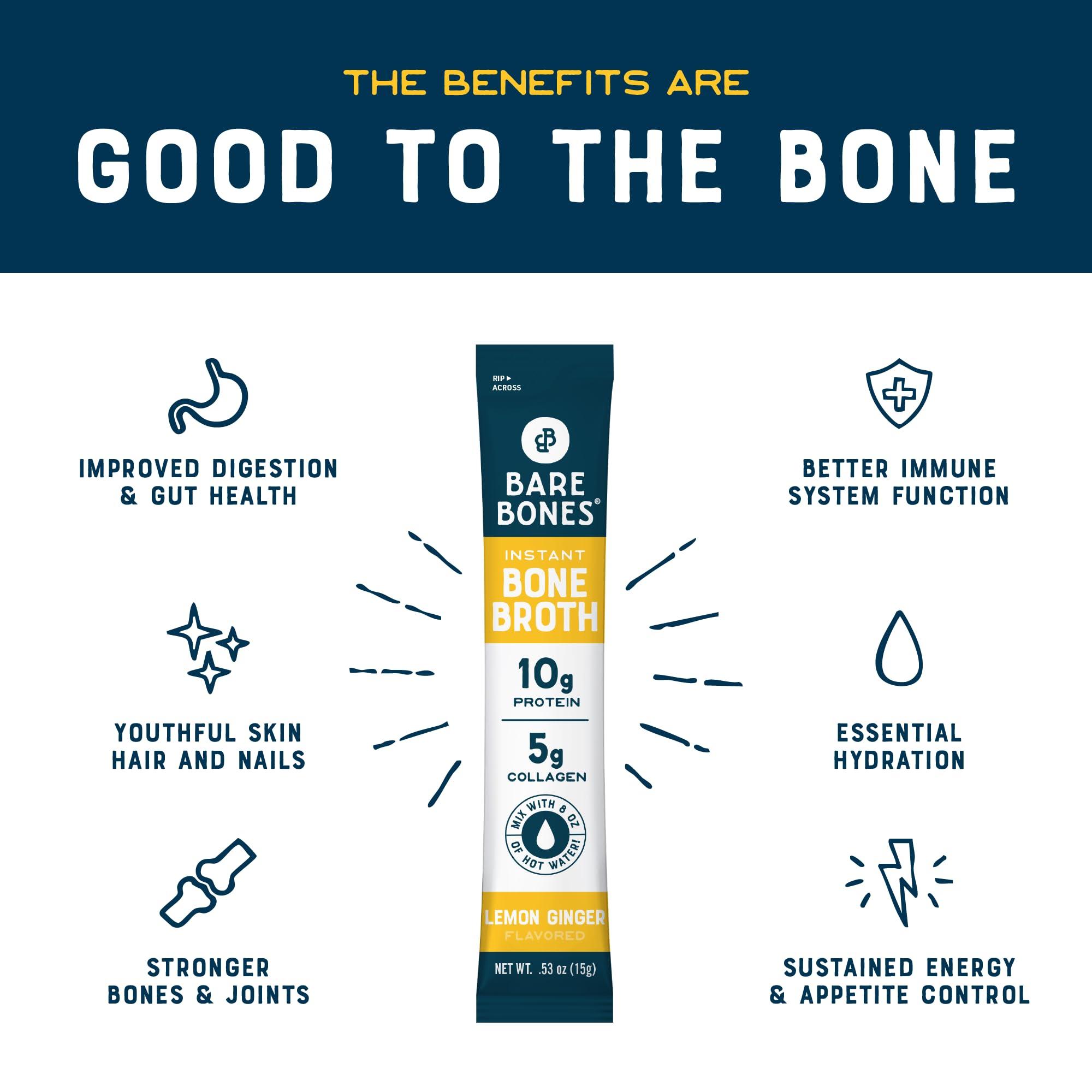 Bare Bones Bare Bones Bone Broth Instant Powdered Mix, Lemon Ginger, Pack of 8, 15g Sticks, 10g Protein, Keto & Paleo Friendly Bone Broth Packets