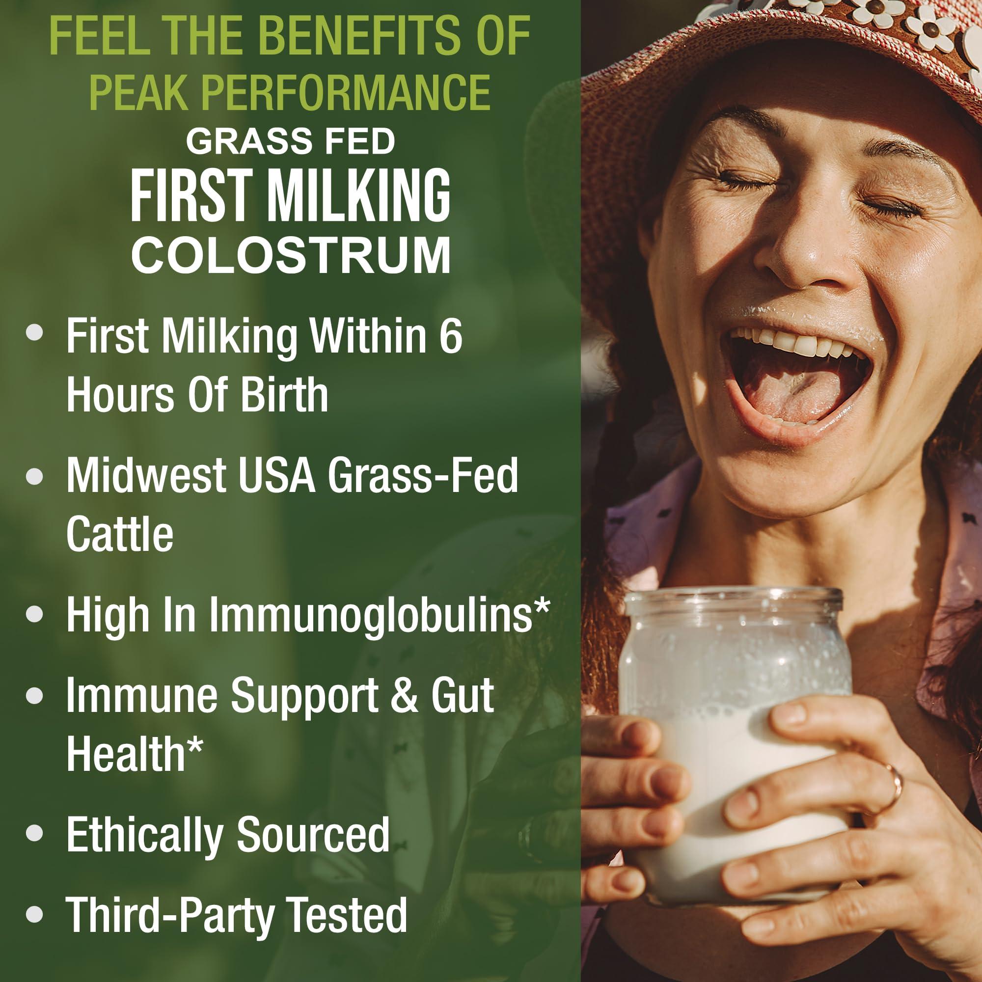 Peak Performance First Milking Colostrum Powder from Grass Fed USA Cows Milked Within 6 Hours of Giving Birth to Get The Most Bioactive Nutrients. High Immunoglobulin Bovine Colostrum Supplement for Humans
