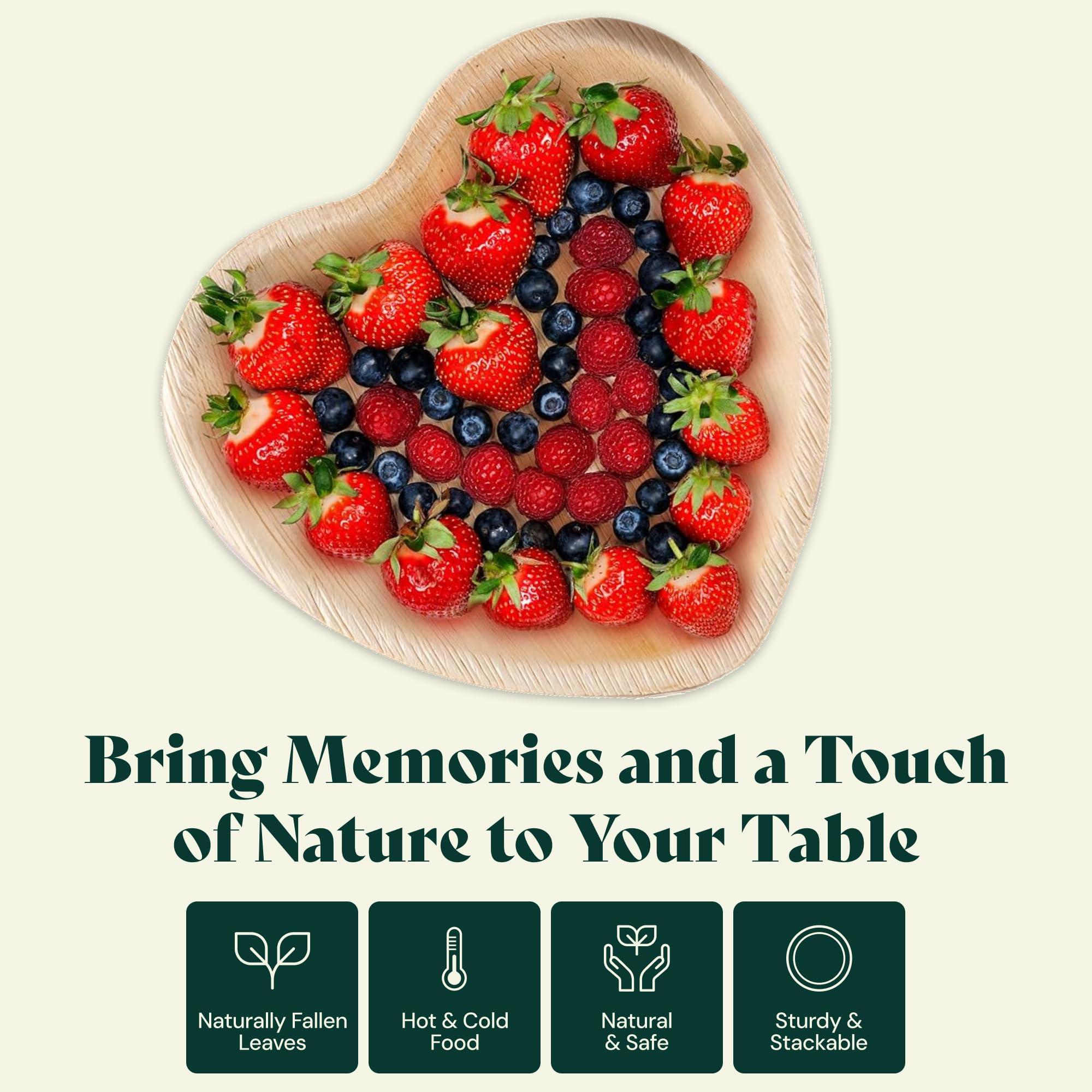 Chic Leaf Chic Leaf Palm Leaf Bowls Disposable Bamboo Heart Shaped Bowls 6.5 Inch Heart Dish (50 Heart Bowls) - Compostable Heart Shaped Plates - Cute Plates For Catering, Charcuterie, Parties