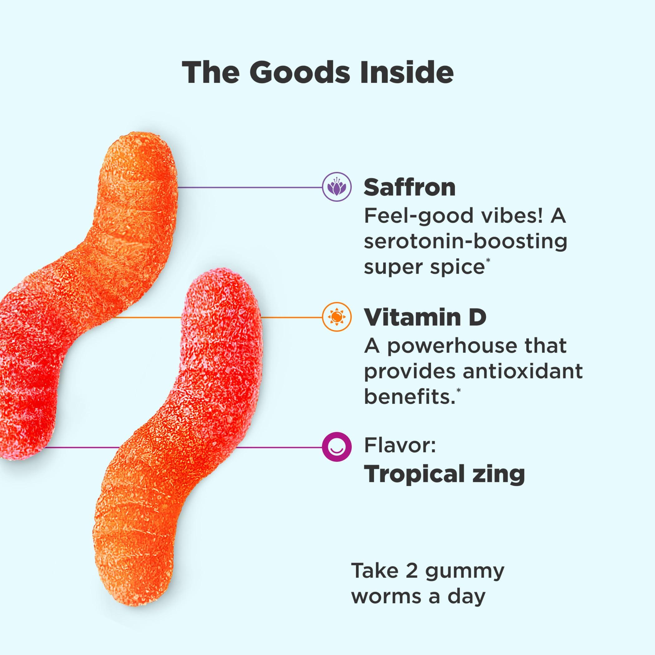 OLLY OLLY Hello Happy Gummy Worms, Mood Balance Support, Vitamin D, Saffron, Adult Chewable Supplement & Ultra Strength Goodbye Stress Softgels, GABA, Ashwagandha, L-Theanine and Lemon Balm
