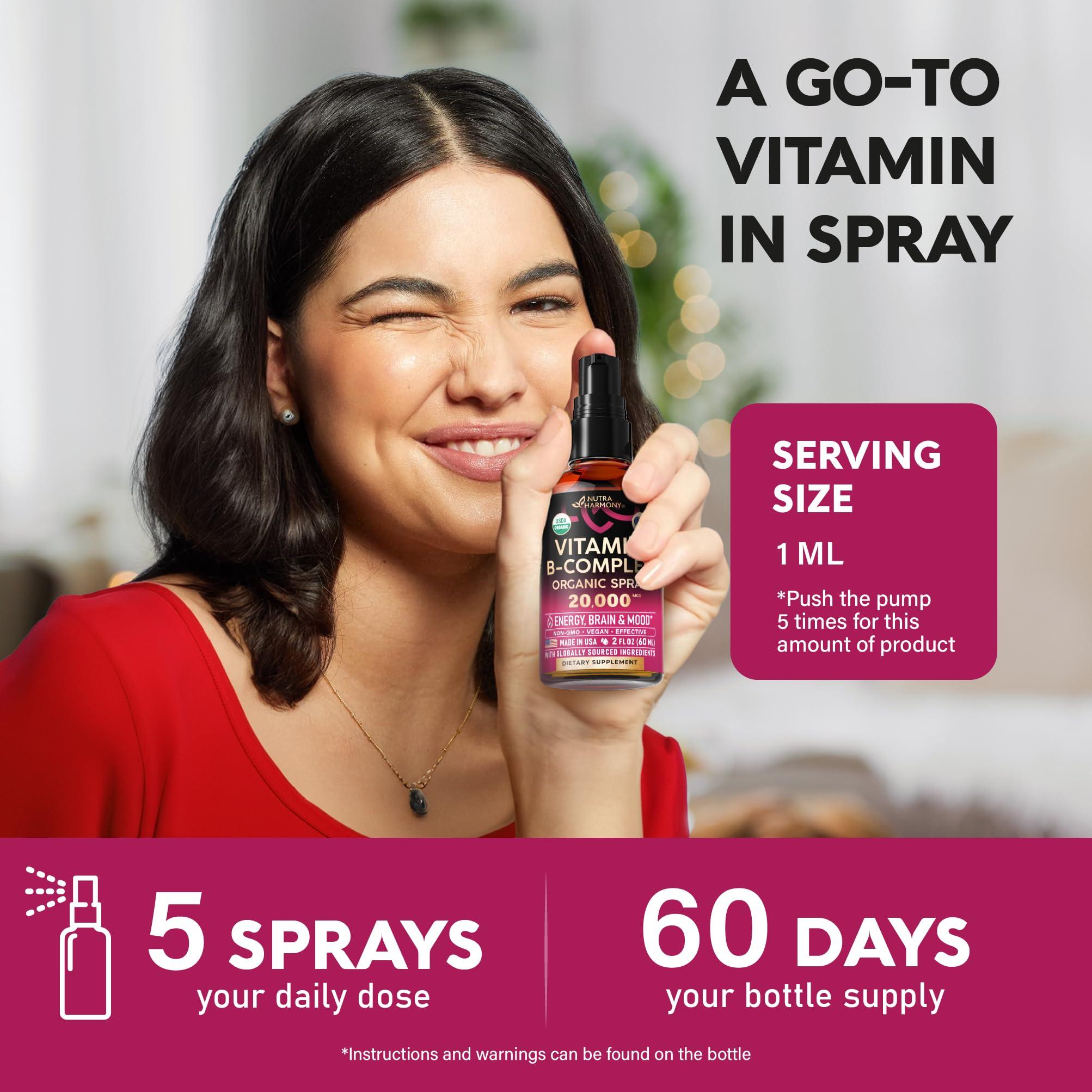 NUTRAHARMONY USDA Organic Vitamin B-Complex Liquid Spray 8-in-1 - B5 Pantothenic Acid | B12 Methylcobalamin | B1 Thiamine | B6 Pyridoxine | B7 Biotin | B9 Folic | B3 Niacinamide - Made in USA Supplement, 2fl oz