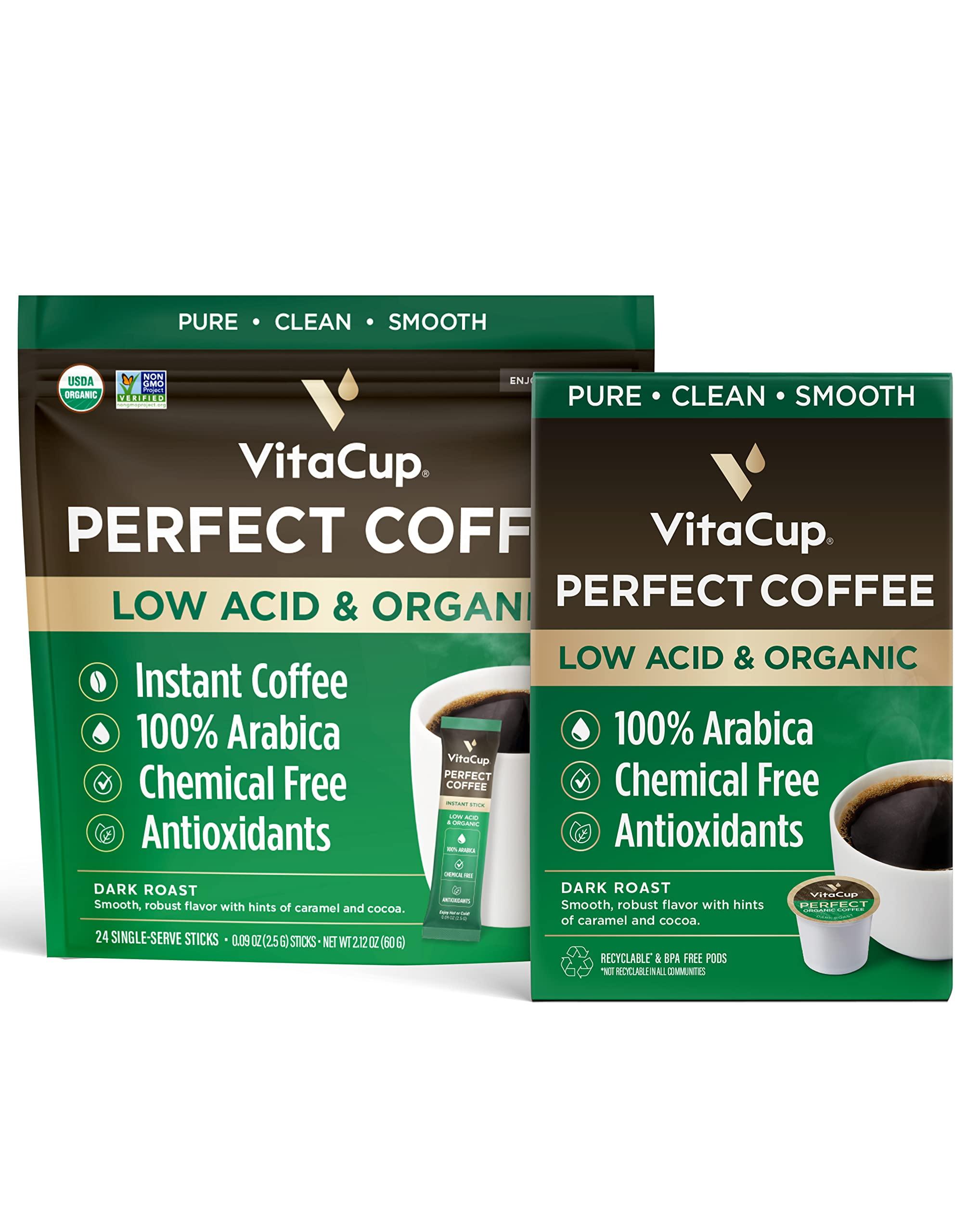 VitaCup VitaCup Perfect Low Acid Coffee Bundle, Pure & Smooth USDA Organic & Fair Trade, Mycotoxin Free, Dark Roast | 24 CT Pods & 24 CT Instant Coffee Packets